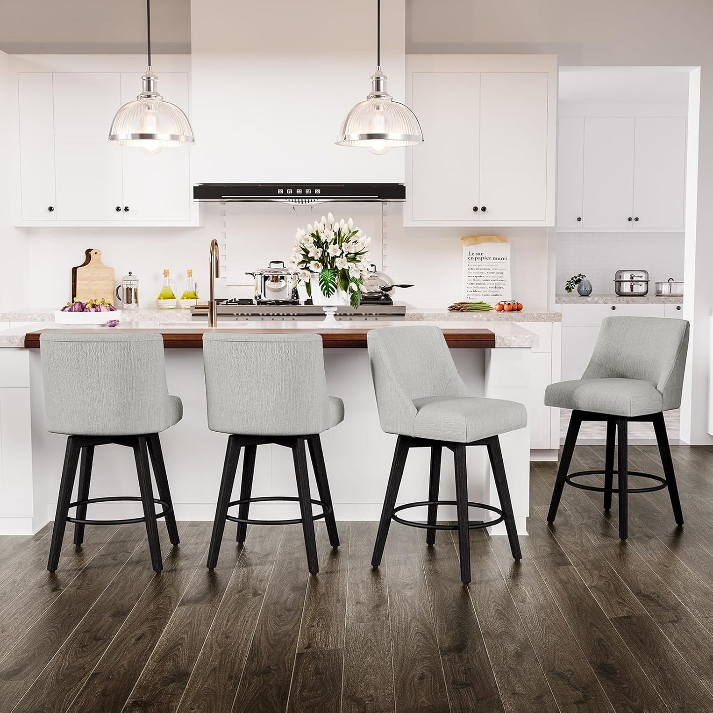 Counter Height Swivel Bar Stools Set of 4, 26 Inch Bar Stools with Footrest, Linen Fabric Upholstered Barstools with Back and Solid Wood Legs for Kitchen Island, Dining Room,Pub,White