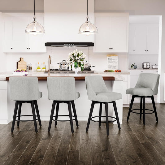 Counter Height Swivel Bar Stools Set of 4, 26 Inch Bar Stools with Footrest, Linen Fabric Upholstered Barstools with Back and Solid Wood Legs for Kitchen Island, Dining Room,Pub,White