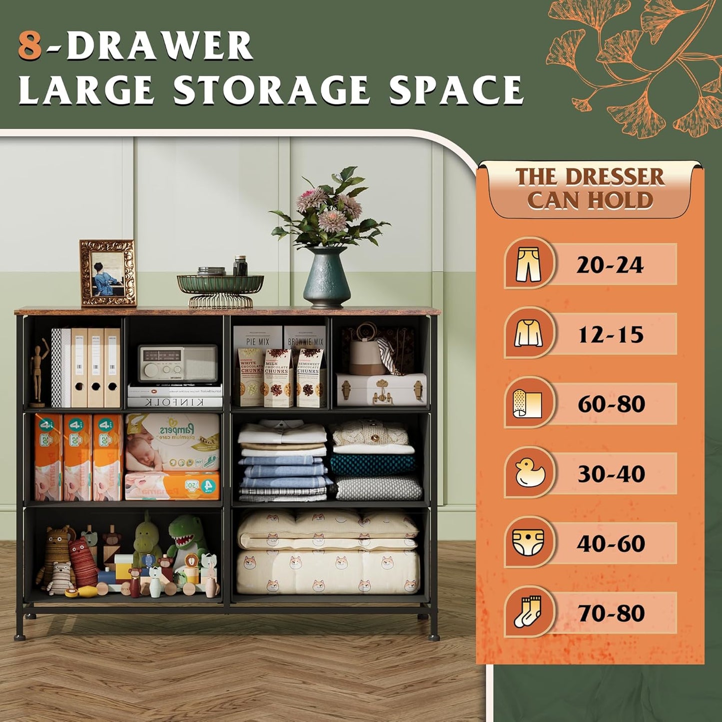 WLIVE 8 Drawer Dresser for Bedroom, Wide Fabric Dresser Storage Organizer, Chest of Drawers with Wood Top, Sturdy Steel Frame, Dressers for Living Room, Closet, Hallway, Floral Painted