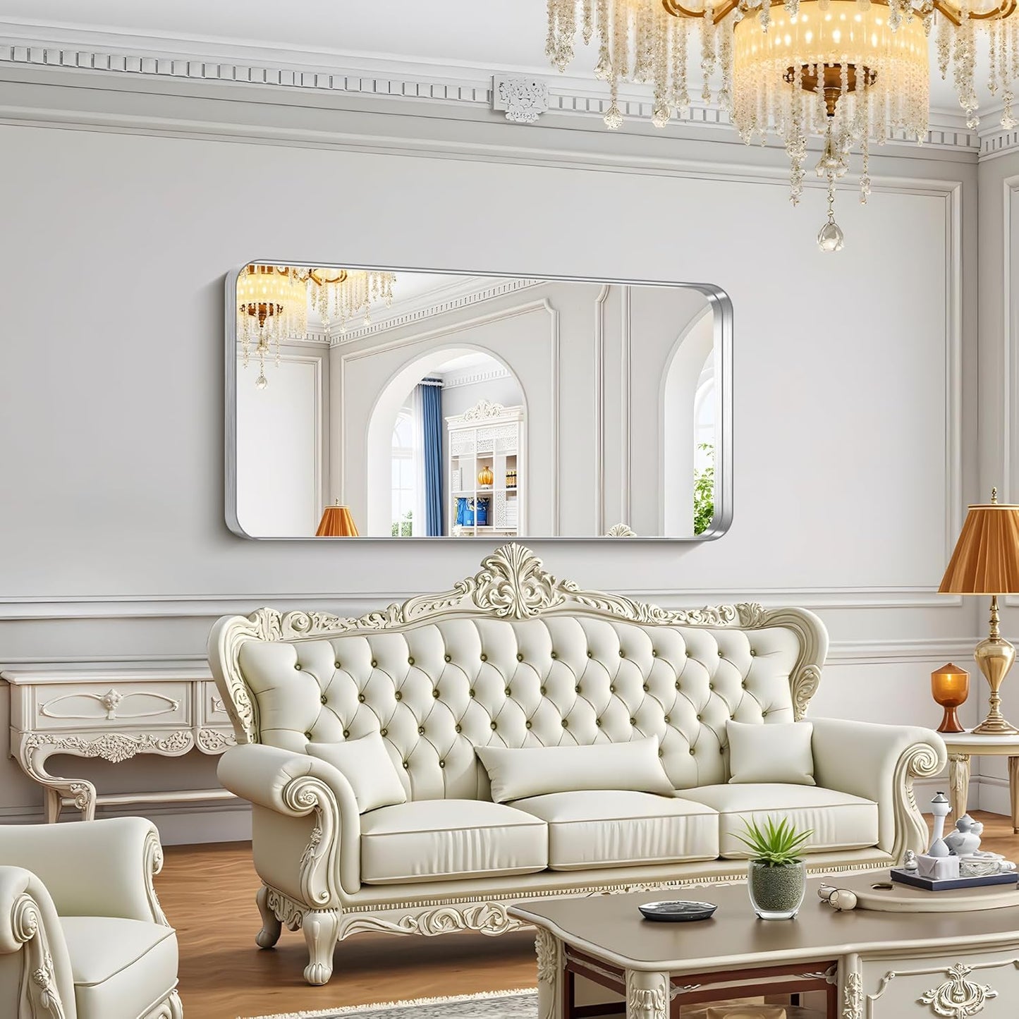 FORBATH 60x30 Inch Large Bathroom Mirror for Double Sinks, Brushed Silver Deep Frame Wall Mirror with Rounded Corners, Anti-Rust Tempered Glass for Modern Farmhouse Vanity (Horizontal/Vertical)