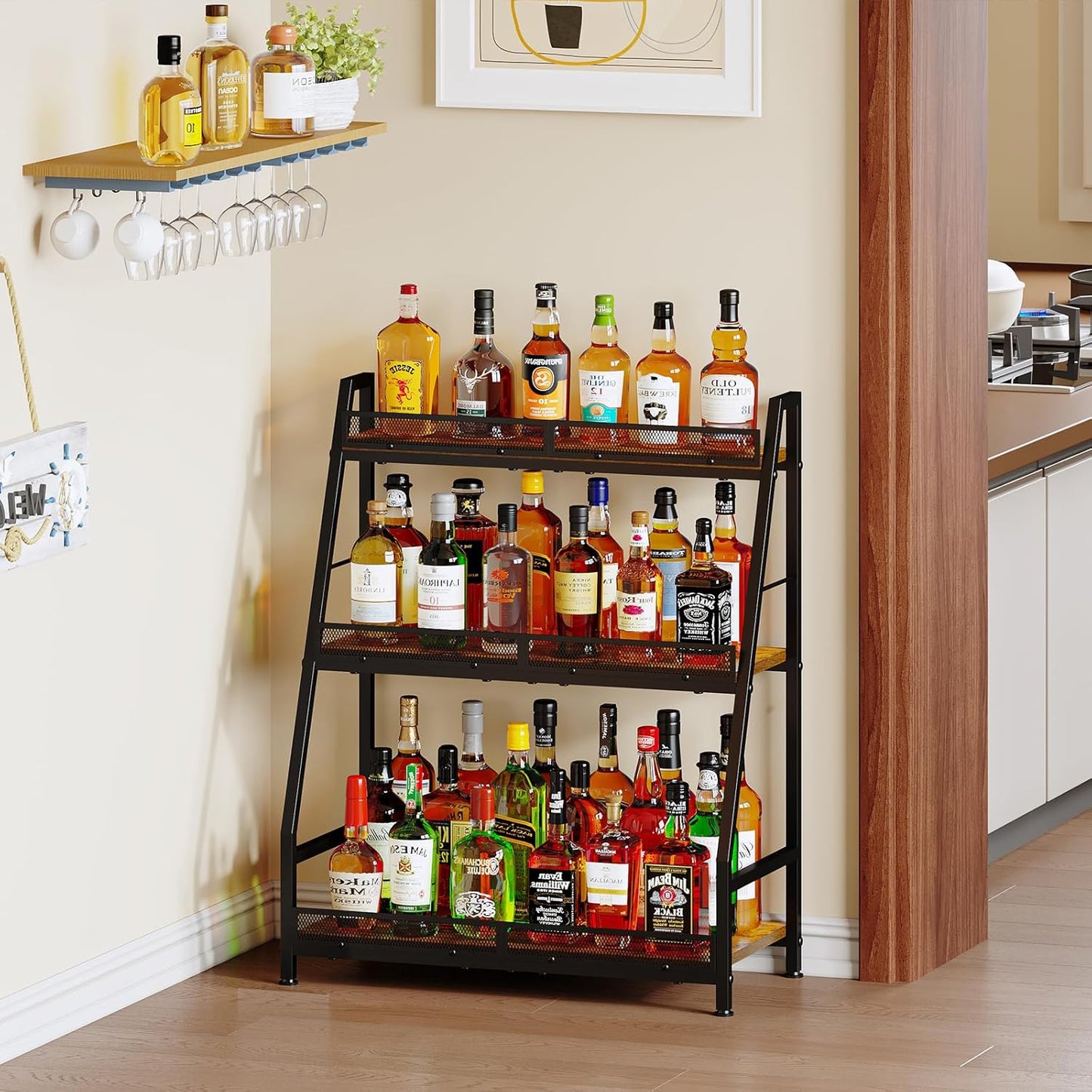 3-Tier Expanded Liquor Stand, Trapezoid Wine Rack Freestanding Floor, Large-Capacity Bar Stand for Liquor Whiskey Wine Storage, Vintage Liquor Cabinet Bar for Home(Patent Pending)
