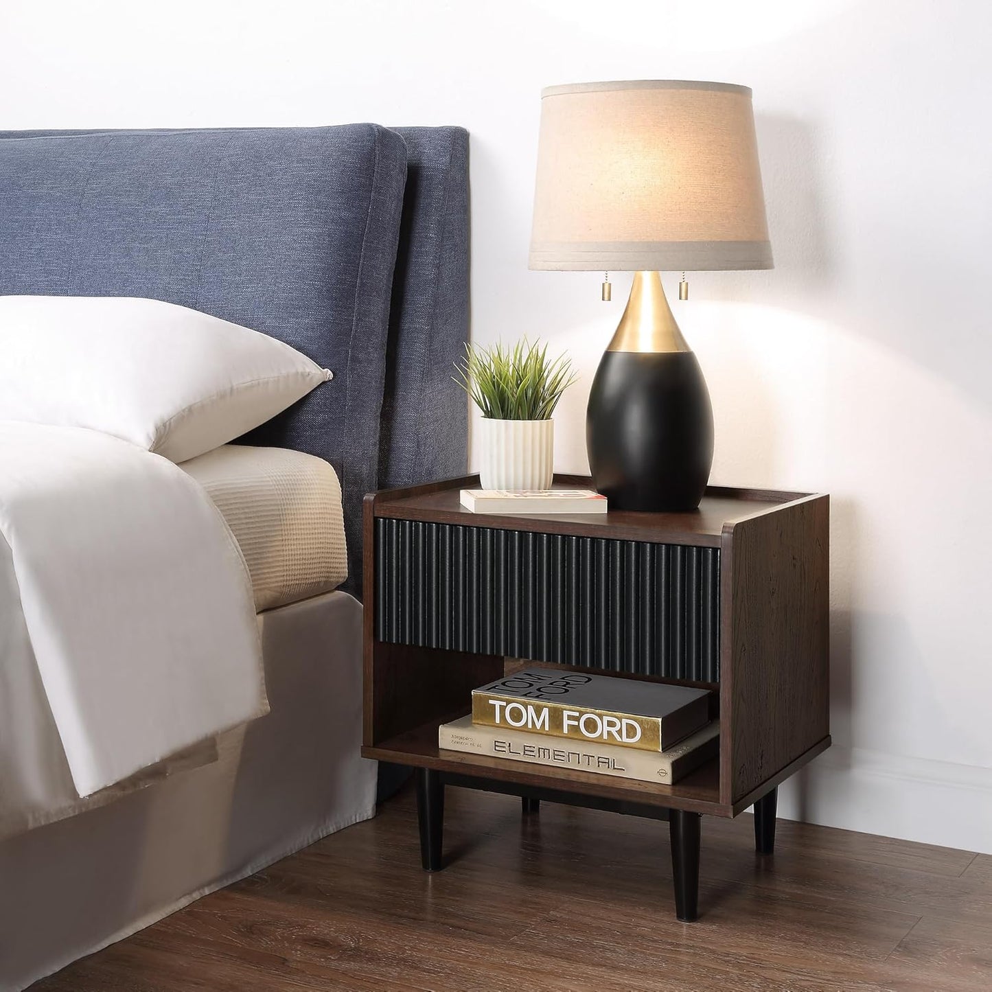 Manhattan Comfort Duane Mid Century Modern Ribbed Nightstand and Coffee Table with Storage, Living Room Furniture with Cabinet, Shelves and Iron Metal Feet, Set of 2, Black