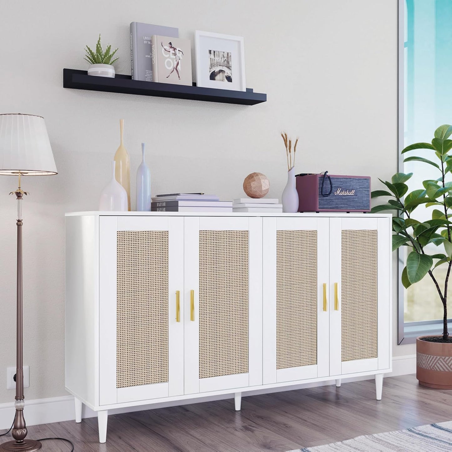 Buffet Sideboard,Kitchen Storage Cabinet with 4 Rattan Decorated Doors,Coffee Bar Cabinet with Adjustable Shelves for Living Room,Hallway,White