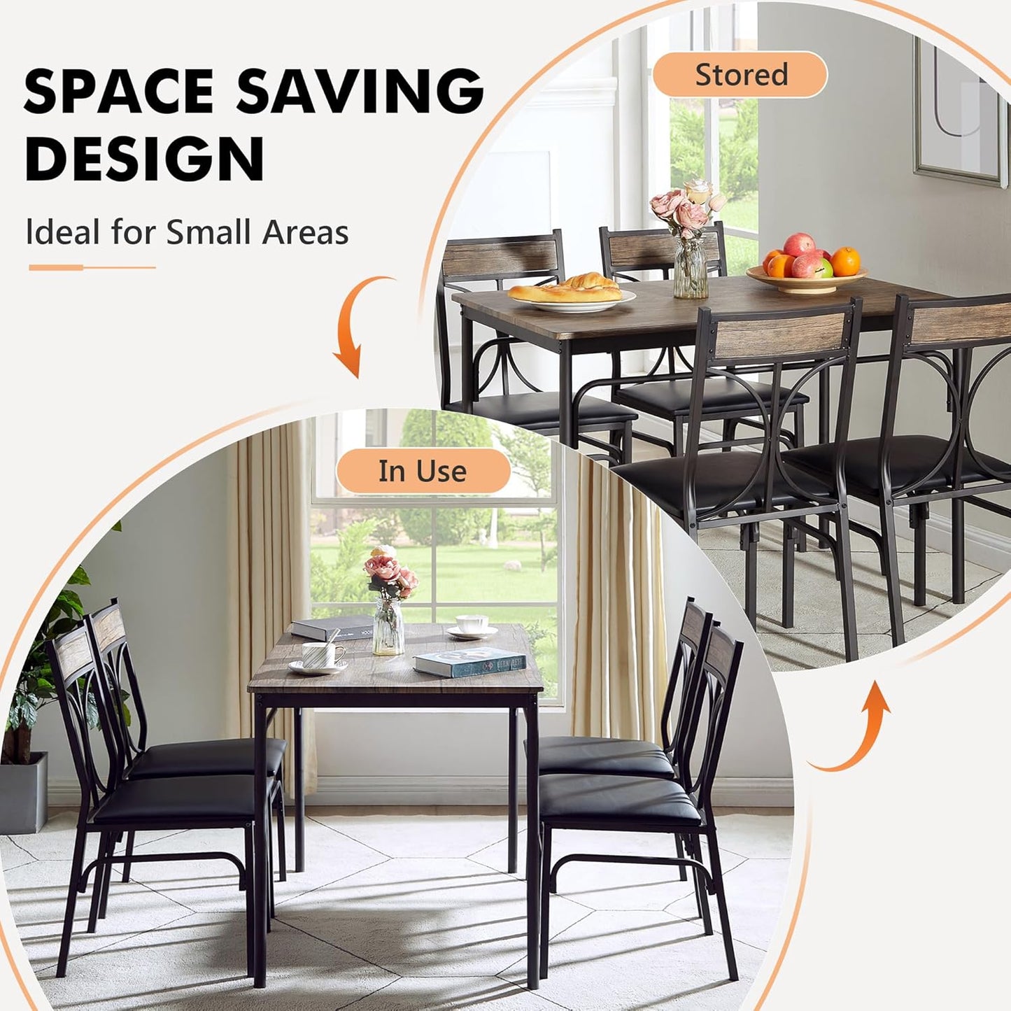 VECELO Kitchen Dining Room Table Set with 4 Chairs for Small Space, Apartment,Metal Steel Frame