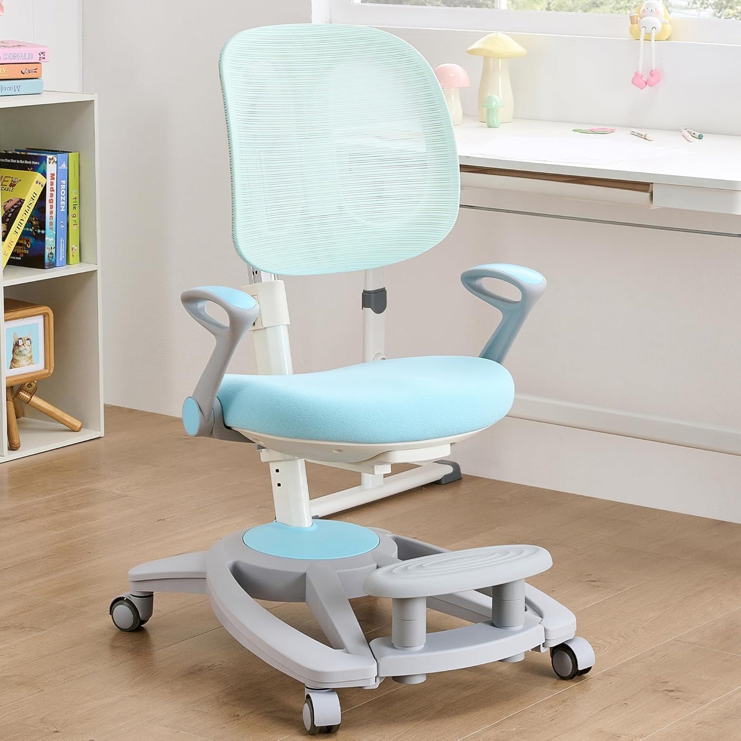 Ergonomic Kids Desk Chair with Footrest & Height-Adjustable Seat, Multifunctional for Study, Work & Dining – Comfy Cushion & Smooth Wheels for Boys & Girls (Blue)