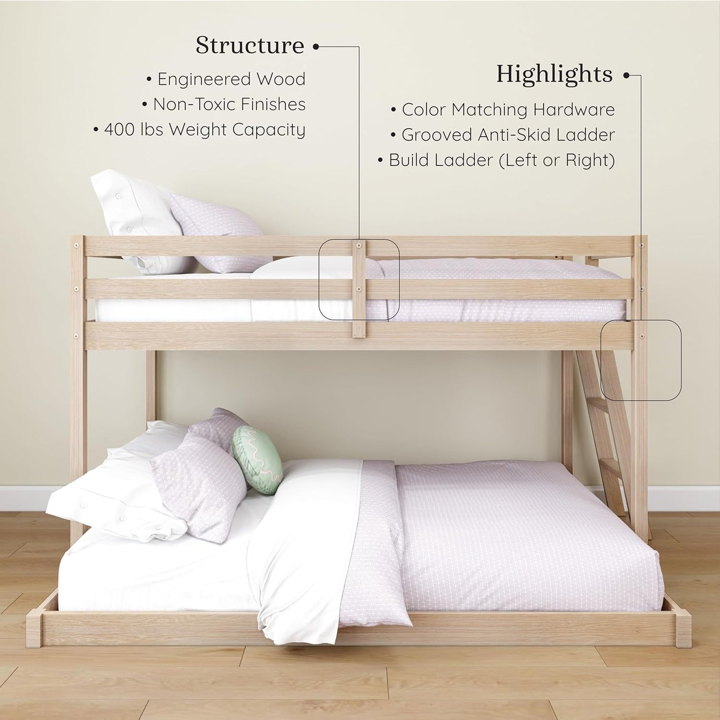Grain & Grove Bear Twin Over Full Bunk Bed, Low Bunk Bed Frame for Kids, Bunk with Ladder, Guardrail and Slats, No Box Spring Required, Oak Embossed Natural