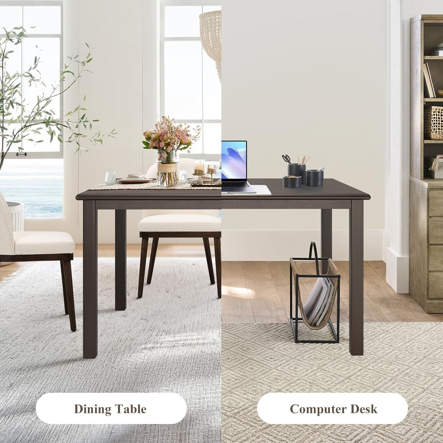 COLAMY 60 Inch Rectangular Kitchen Dining Table for 4, Modern Farmhouse Dining Table Set for 4, Wood Dining Table and Upholstered Dining Chairs for Kitchen, Dining Room, Restaurant, Brown/Beige