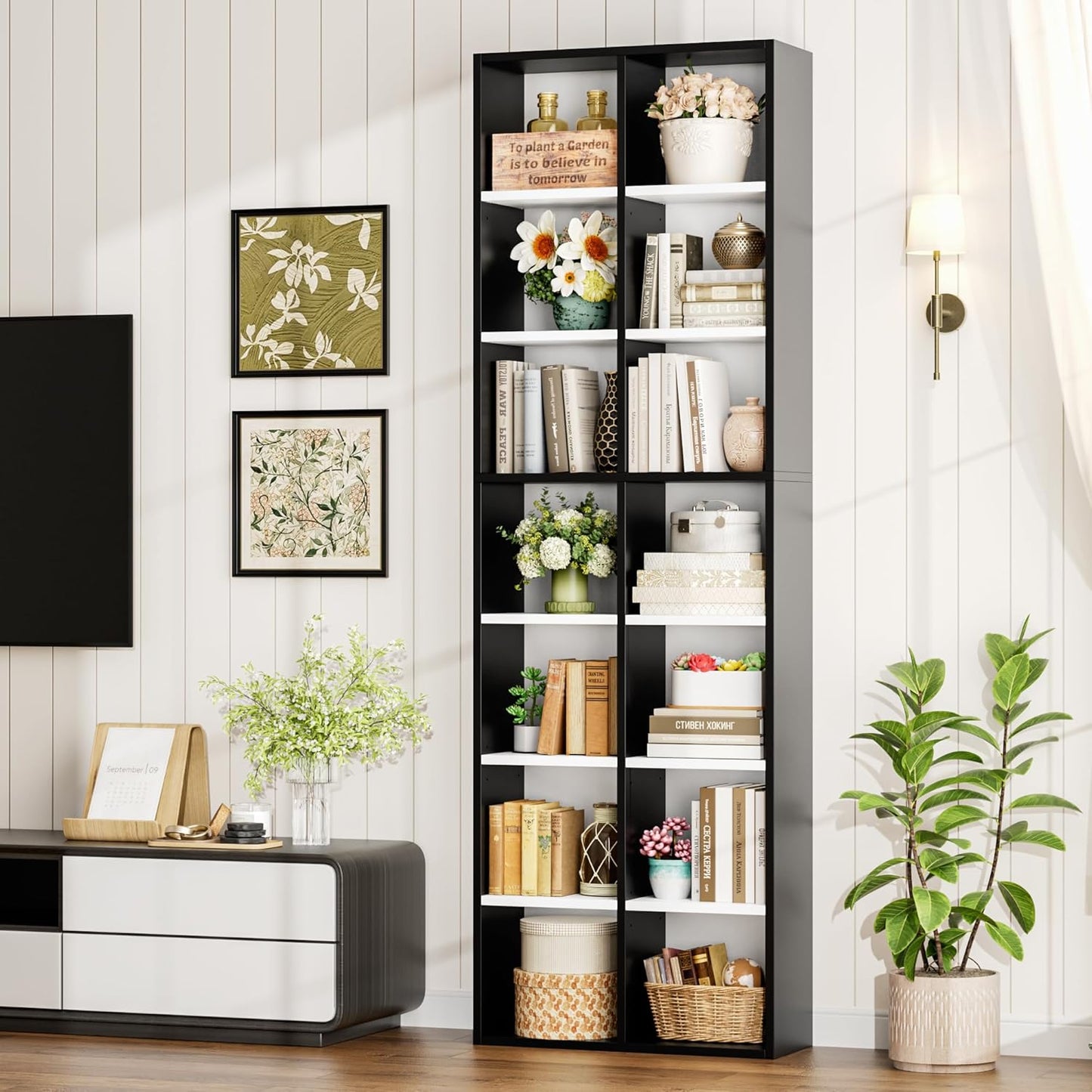 FOTOSOK 71'' Tall Bookshelf, Double Wide Media Tower Rack CD DVD Rack Display Cabinet with Adjustable Shelves, Tall Narrow Bookcase Bookshelf for Home Office, White/Black