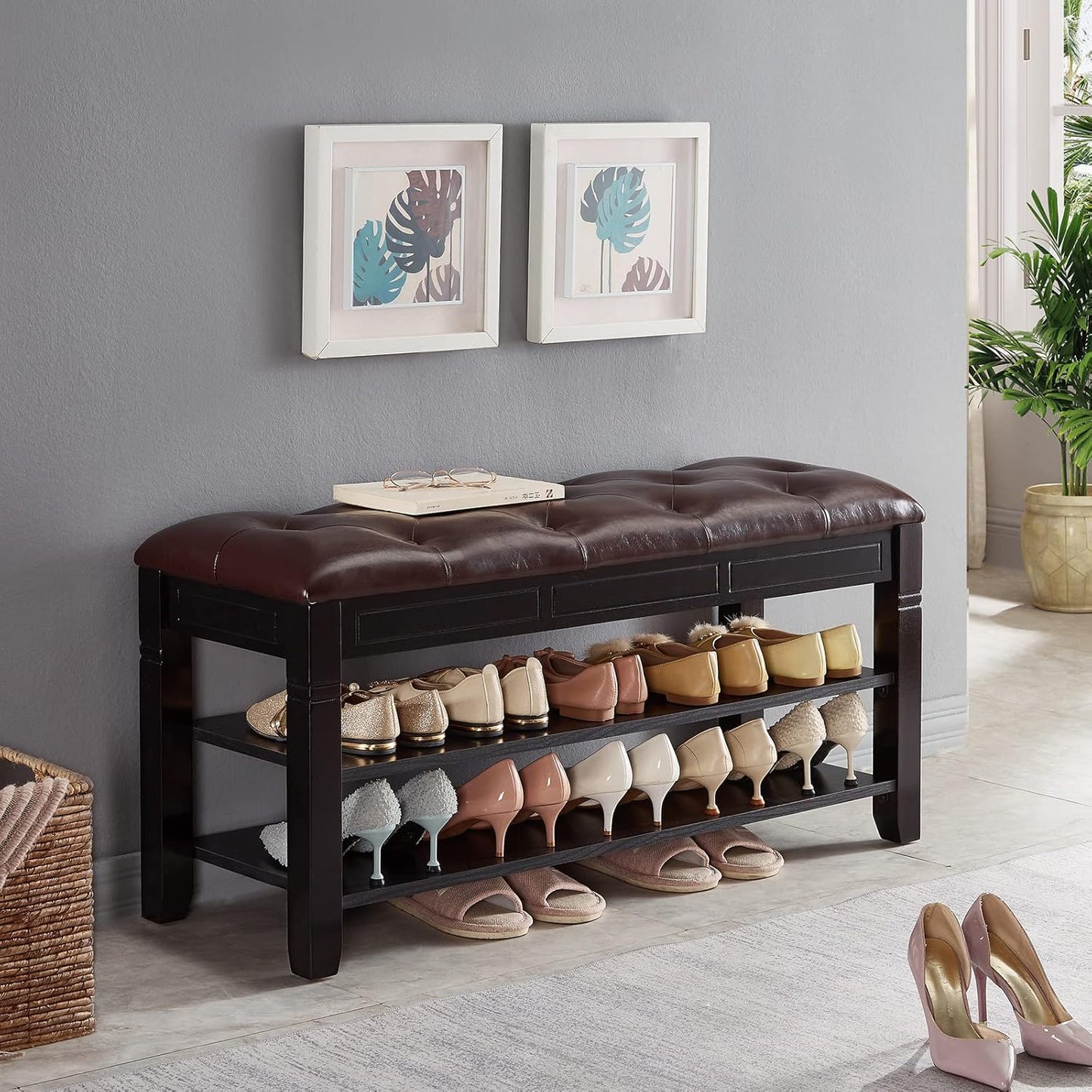 Shoe Storage Bench, Entryway Shoe Rack with Fiberleather Seat 2-Tier Lift Top Organizer Wooden Shoe Bench for Entryway Hallway Living Room (Black 39.4x13.8x18.9'')