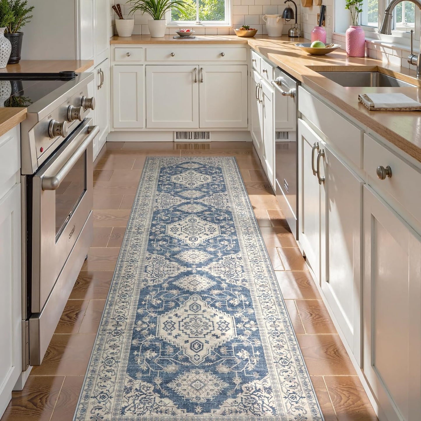 Lahome Oriental Hallway Runner Rug, 2.5x10 Washable Runner Ultra-Thin Hallway Rug for Bedroom Entryway, Soft Long Carpet for Kitchen Bathroom ‎Laundry Room, Blue