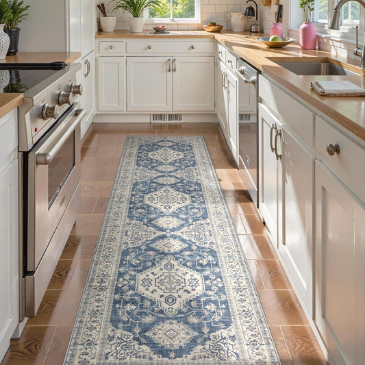 Lahome Oriental Hallway Runner Rug Non Slip, 2.5x8 Kitchen Washable Runner Soft Hallway Rug, Traditional Ultra-Thin Carpet for Bathroom Entryway ‎Laundry Room, Blue