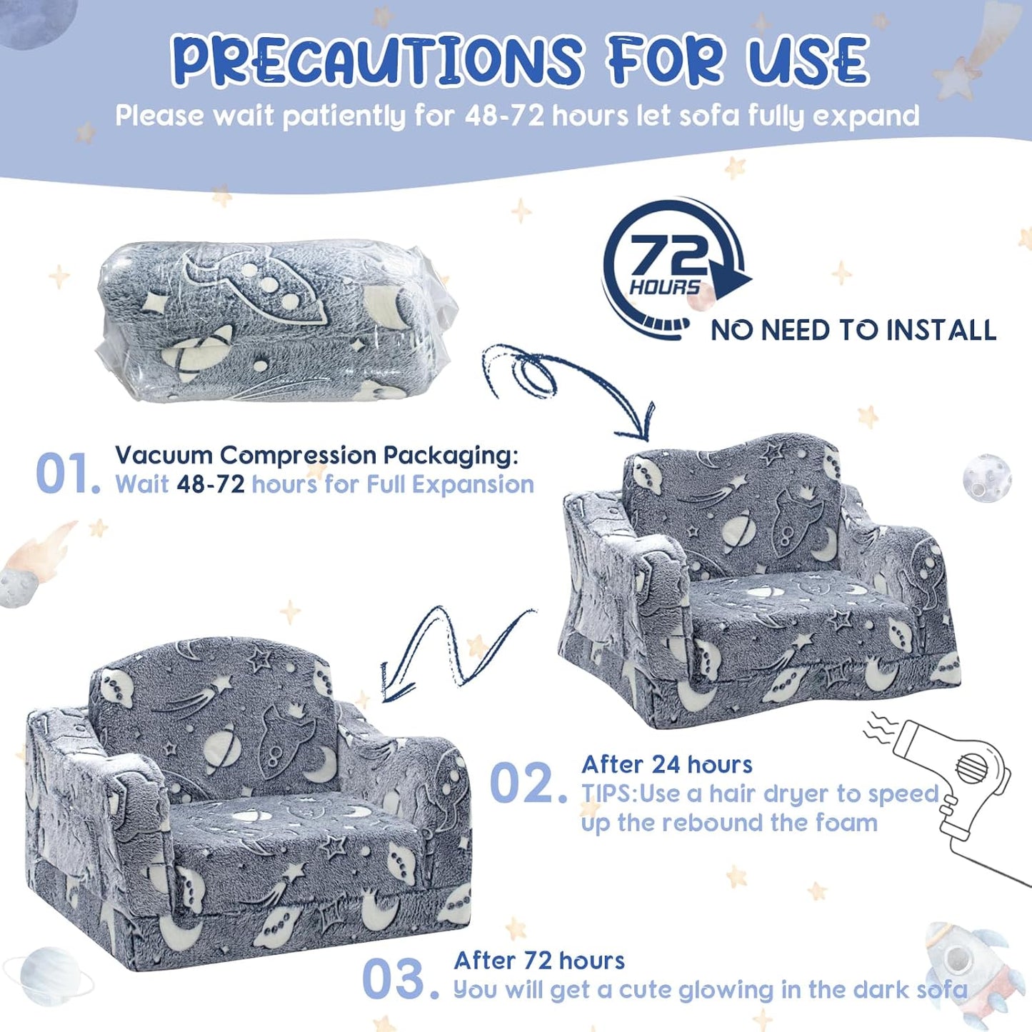 Comfy Toddler Couch and Chair for Kids with Blanket, 2-in-1 Soft Plush Fold Out Kids Sofa Chairs for Girls and Boys, Convertible Sofa to Lounger for Playroom, Glowing Starry Sky