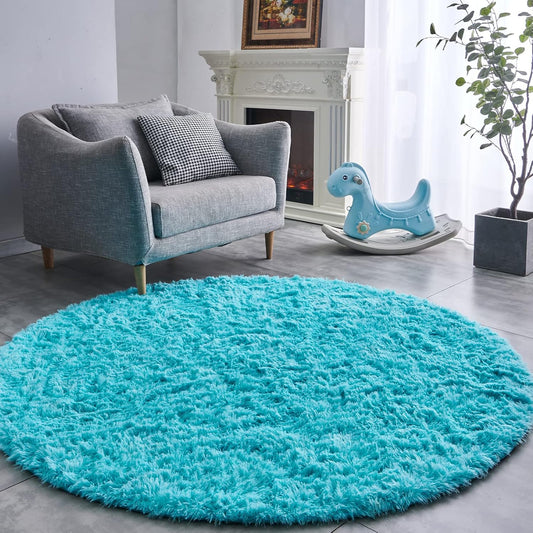 FJZFING Blue Round Rug Ultra-Soft Plush Modern 6x6 Circle Area Rug for Kid's Bedroom, Fluffy Shag Circular Rug for Nursery Room, Non-Slip Home Decor Cute Blue Carpet for Teen's Room