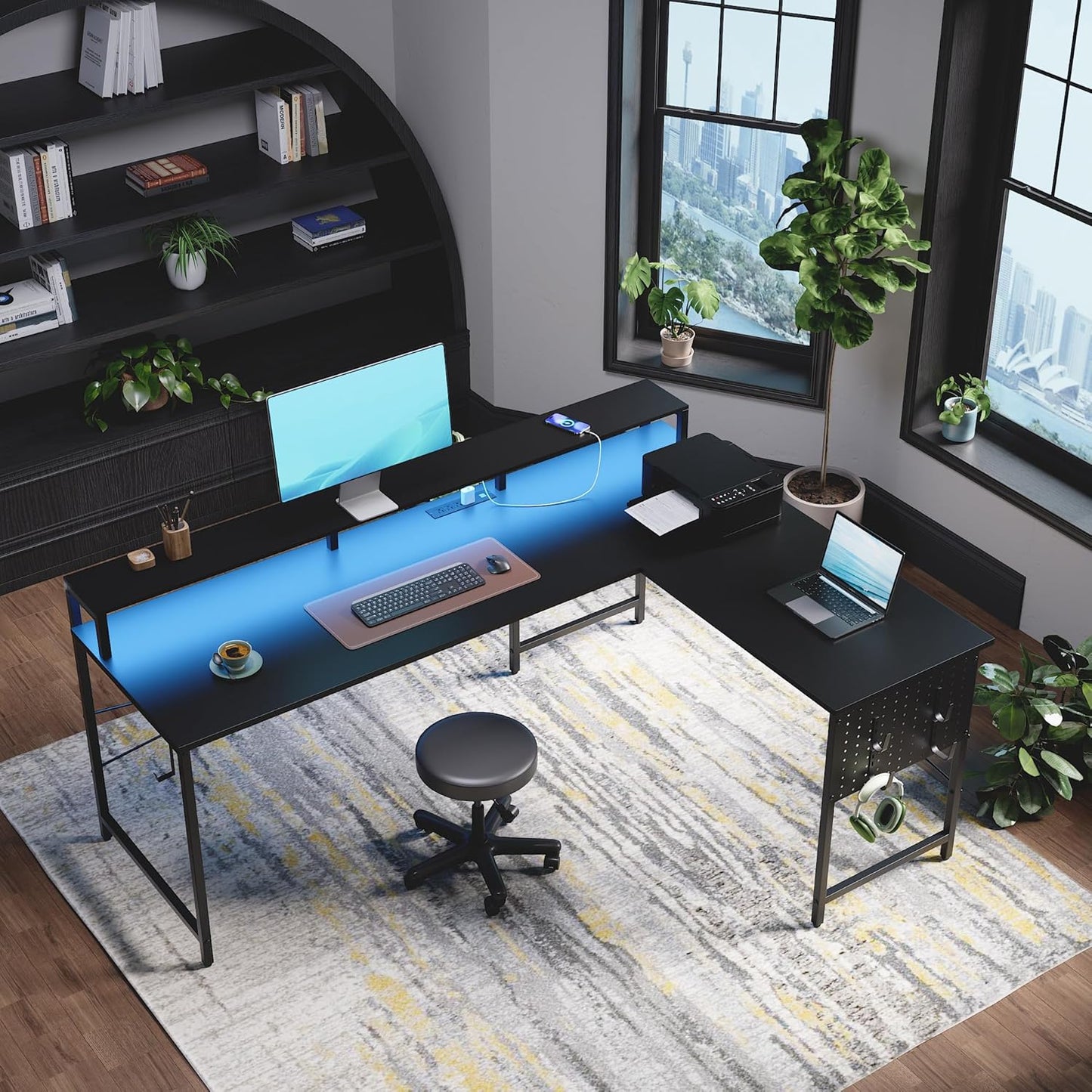 Pamray 64 Inch L Shaped Gaming Desk with Power Outlets and Led Lights, Large Corner Computer Desk with Monitor Stand and Pegboard, PC Table for Home Office and Bedroom Black