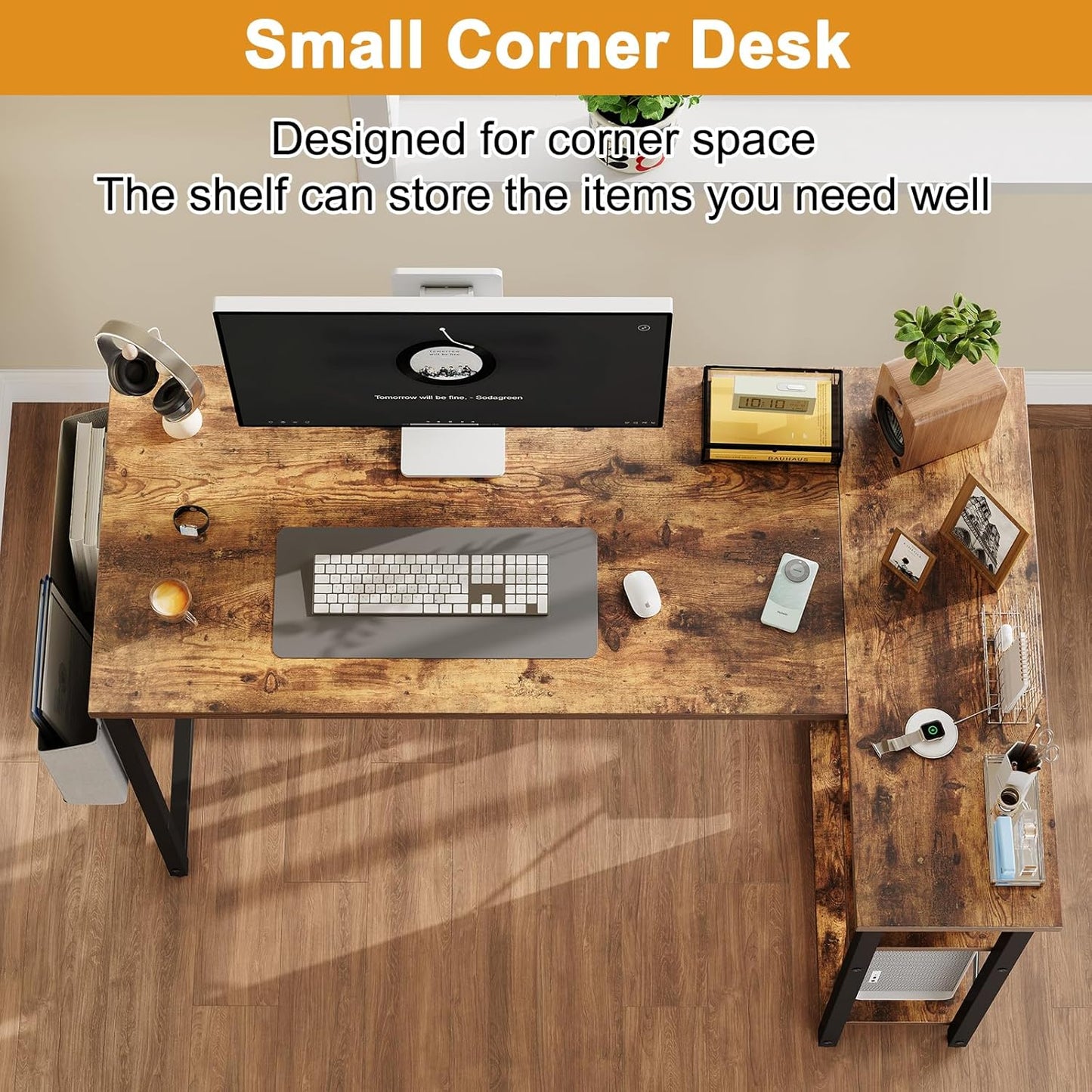 L Shaped Computer Desk with Reversible Shelves, 47 Inch Small Corner Desk with Storage Bag, Gaming Desk Computer Table Study Writing Desk for Home Office Small Space, Rustic Brown