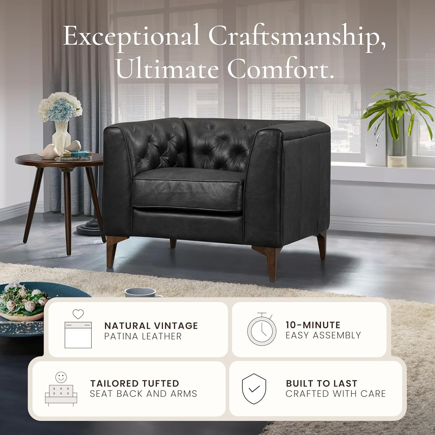 Poly & Bark Essex Lounge Chair - Leather Chair with Tufted Back - Full-Grain Living Room Armchair with Feather-Down Topper - Vintage Italian Leather in Midnight Black - Set of 2