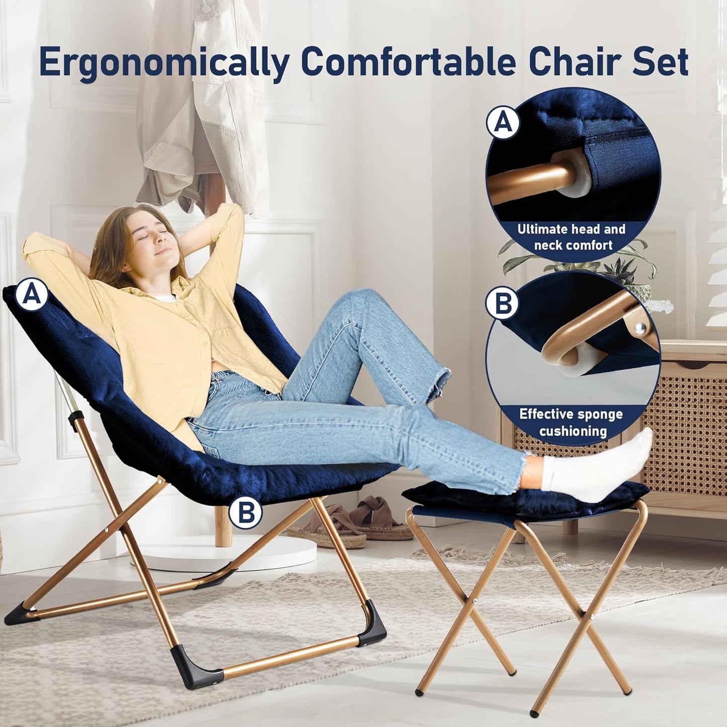 Comfy Oversized Saucer Chair with Ottoman,Soft Faux Fur Reading Lounge Chair for Adults,Stable X-Large Metal Frame and Non-Slip Pad,Cozy Chair for Bedroom, Living Room, Dorm, Office, Blue