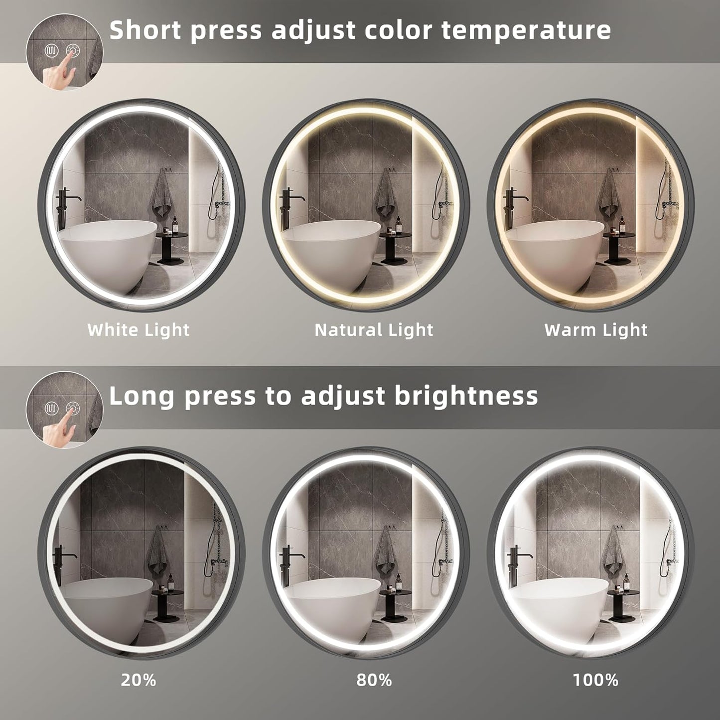 Hasipu 28 Inch Round LED Mirror for Bathroom with Lights, Black Circle Vanity Mirror for Wall, Metal Framed Frontlit Bathroom Mirrors Anti-Fog, Dimmable, 3 Colors Makeup Mirror Wall Mounted