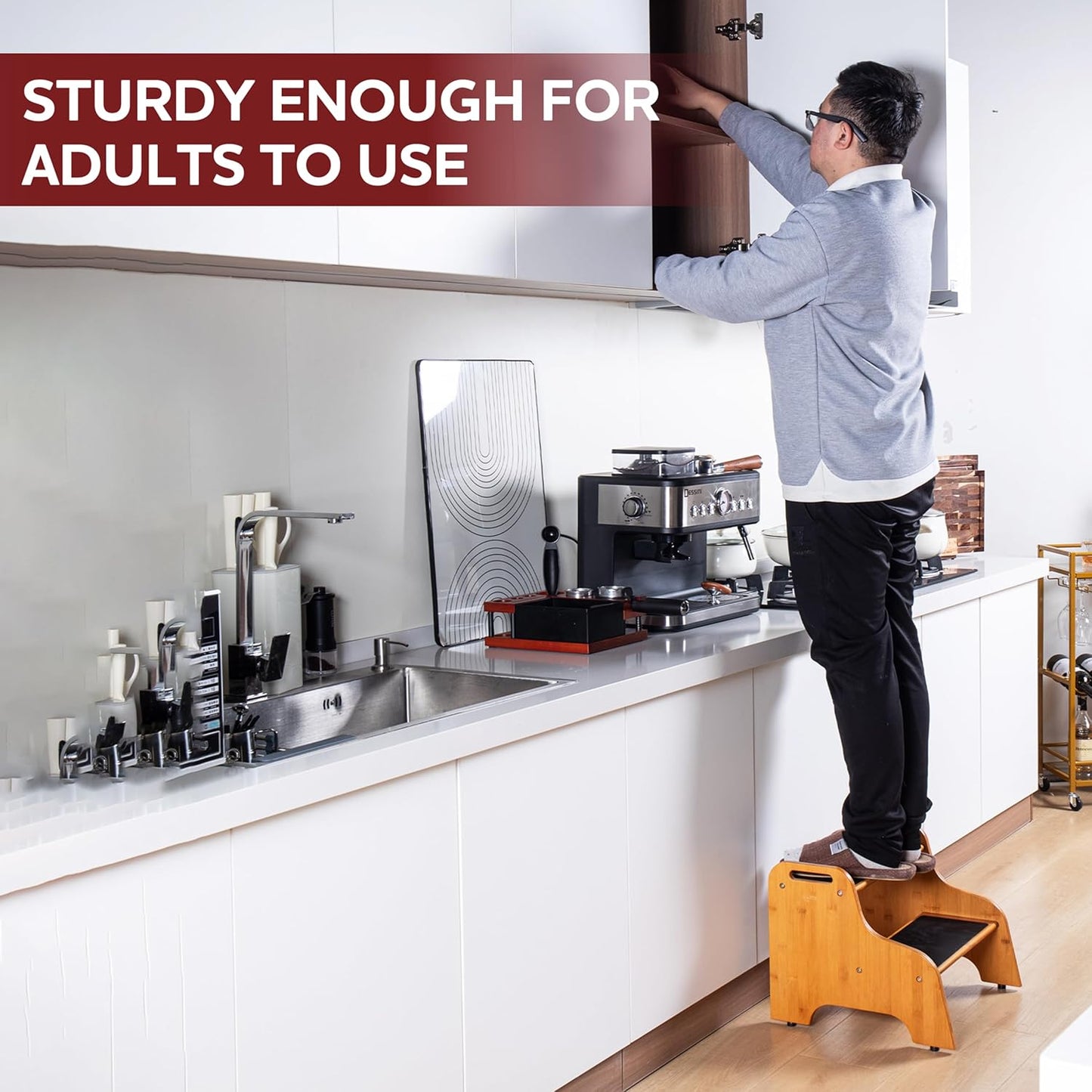 2-Step Wooden Step Stool for Adults & Kids – Non-Slip Bed, Bathroom, Kitchen, and Closet Use – Heavy-Duty Portable Step with Handles – 400 lb Capacity