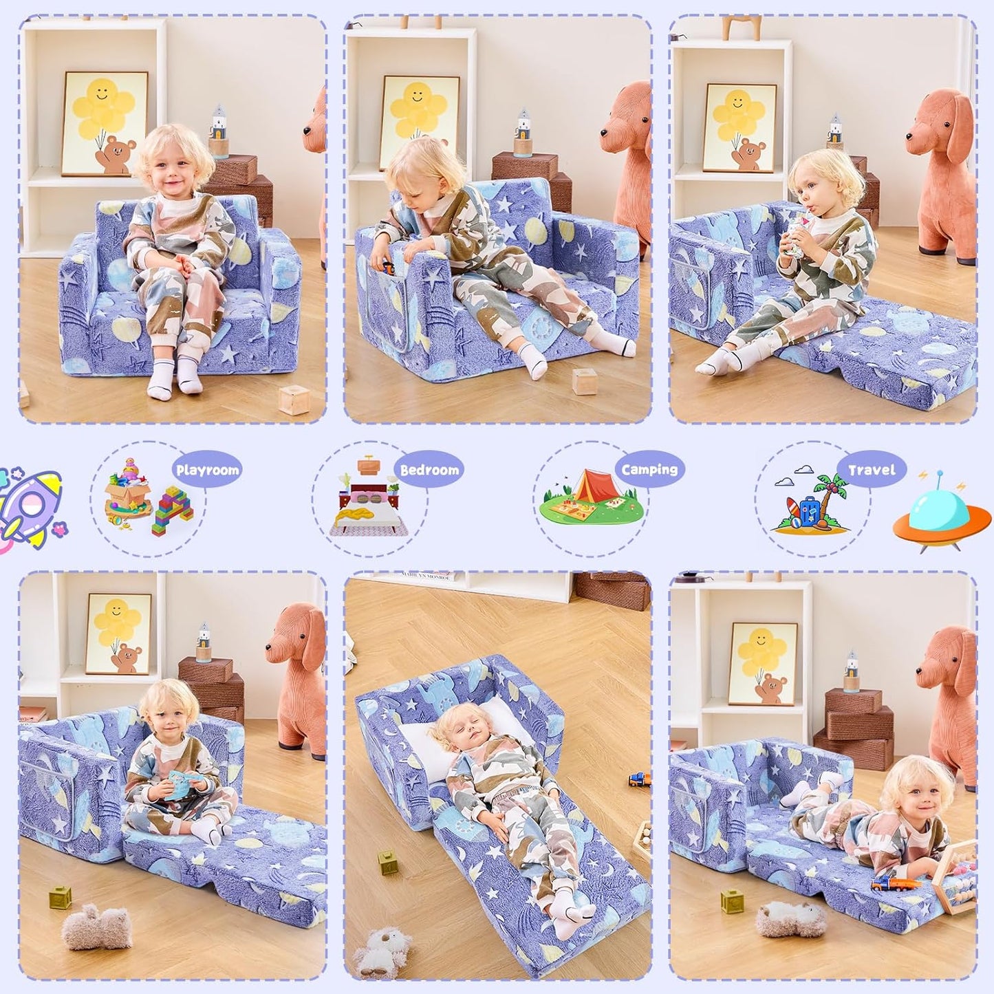 Toddler Chair Comfy,2-in-1 Soft Toddler Couch Fold Out for Kids,Convertible Sofa to Lounger,Gift for Girls and Boys Birthday,Universe