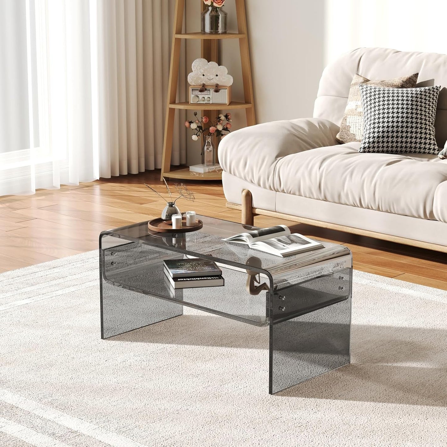 Acrylic Coffee Table, Black Rectangle Modern Side Table Furniture, Tea Table with Open Storage, Suitable for Living Room, Office Reception and Bedroom