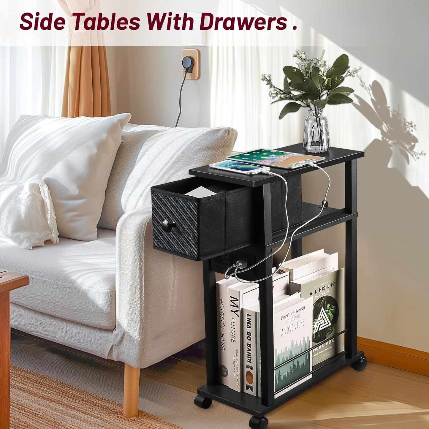 Side Table with Charging Station and Drawer, Narrow End Table with USB Ports and Outlets for Small Space, Living Room, Bedroom and Office, with 4 Wheels (1, Black)