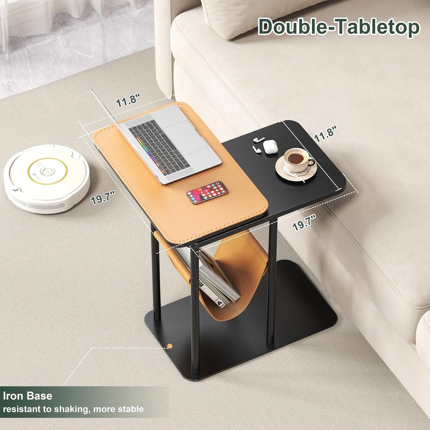 C Table End Table, Metal Base C Shaped Side Table, Double Tabletop Laptop Stand TV Table for Sofa and Bed, Couch Tables That Slide Under, Coffee Table for Bedroom Living Room Small Spaces (Walnut-1)
