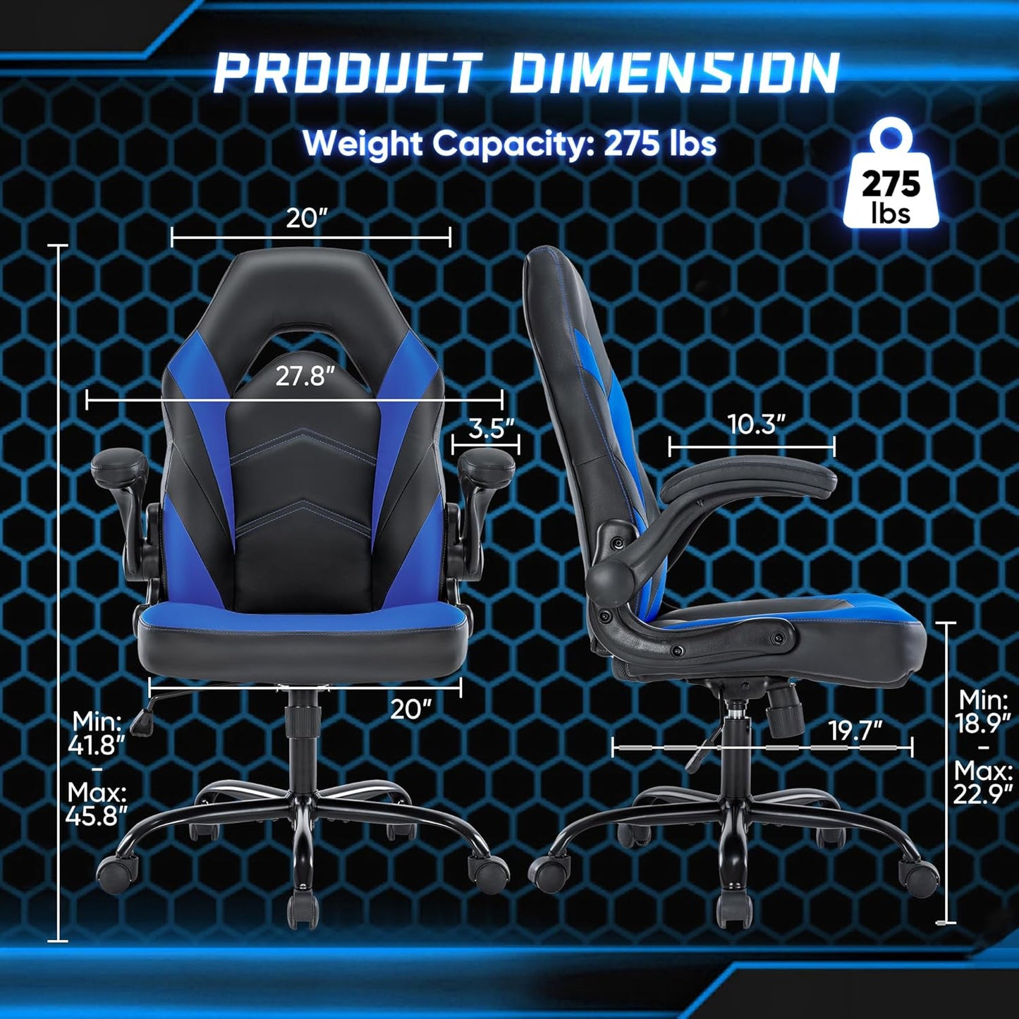 OLIXIS Computer Gaming Chair - PU Leather Ergonomic Lumbar Support with Flip-up Armrest and 360° Swivel Wheels, Height Adjustable Task Home Office Desk Video Racing, Blue