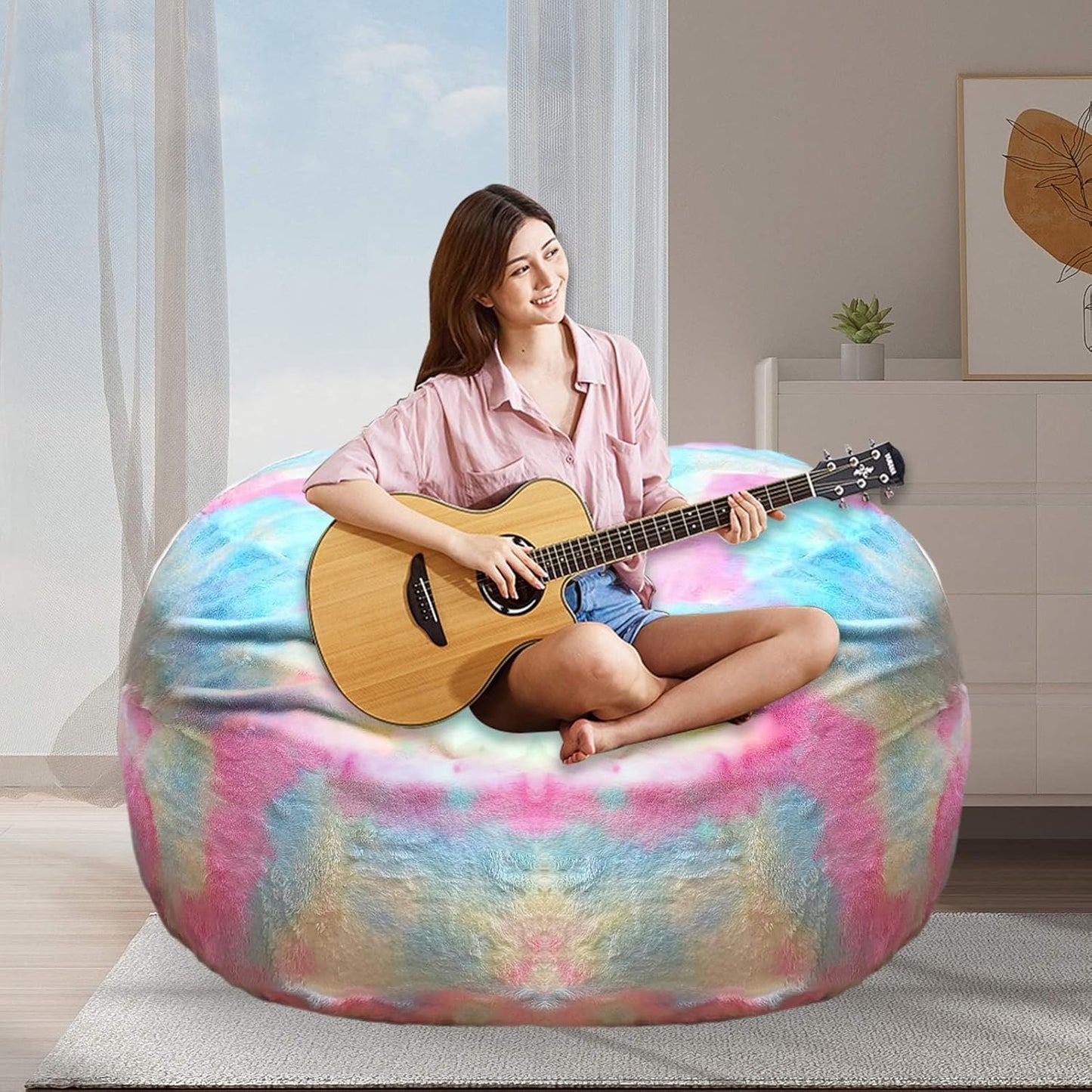 BCU Oversized Bean Bag Cover Comfy Beanbag Chair for Adults Without Filler Faux Fur Lazy Sofa Cover for Living Room Chairs, Multicolored, 5FT