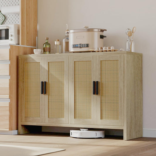 Rattan Buffet Cabinet with Storage, Sideboard with Doors, TV Stand, Farmhouse Side Board Coffee Bar, Modern Wood Storage Cabinets for Livingroom, Kitchen and Dining Room (Oak)