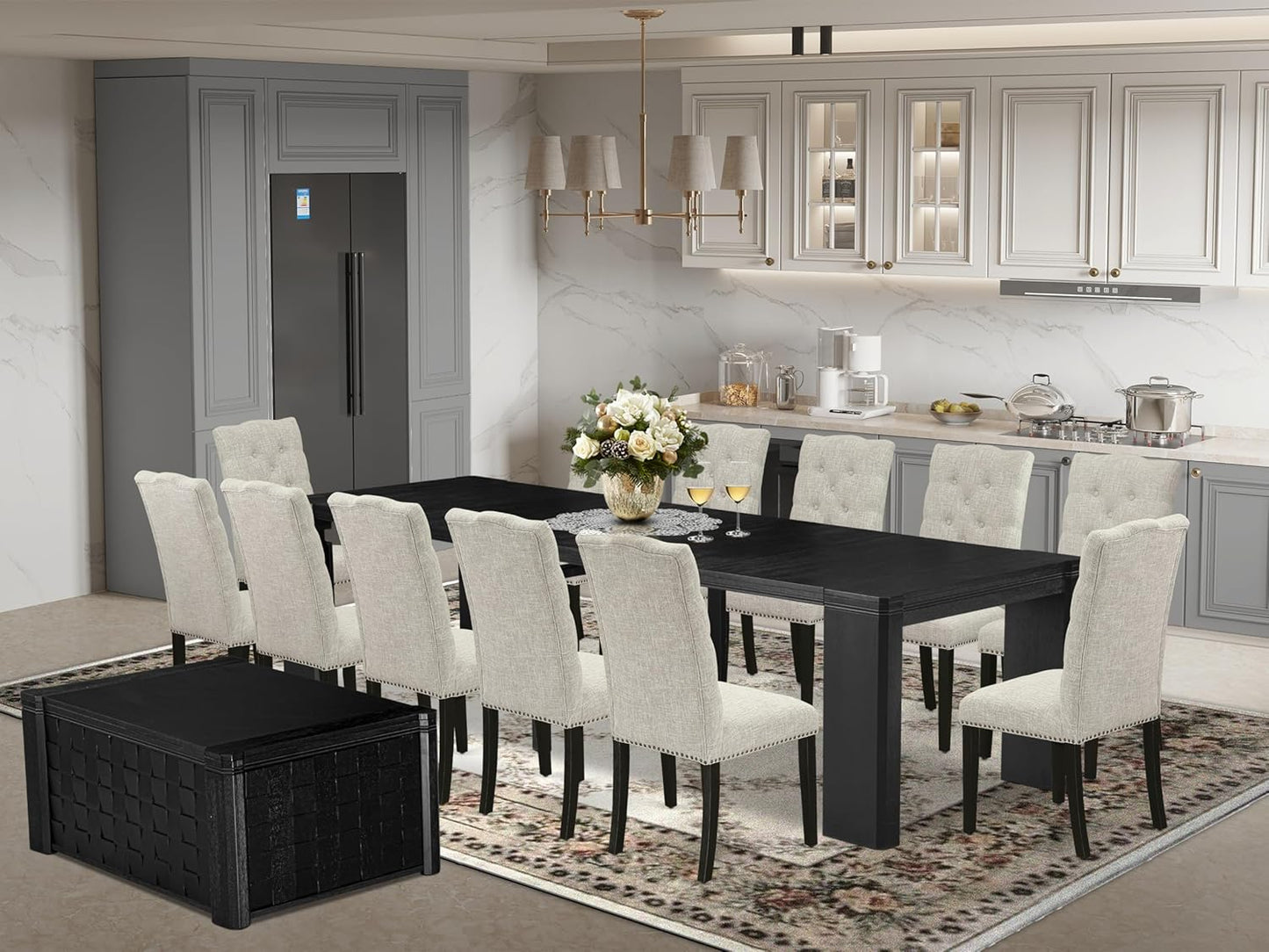 X12EL-0C6-35 - 14-piece Dining Room Table Set a Rectangular Dining Table with a coffee Table and 12 Doeskin Linen Fabric Kitchen Chair, 39x120 Inch, Wire Brushed Black