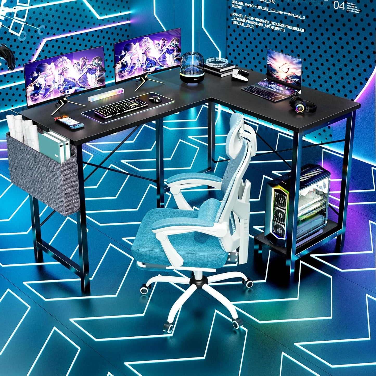 Sweetcrispy L Shaped Computer Desk - Corner Gaming PC Table with CPU Stand Side Bag for Home Office Dorm Sturdy Writing Studying Workstation Modern Simple Reversible, 50-Inch, Inky Black