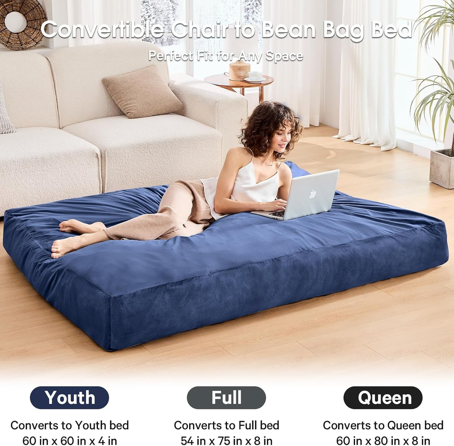 Bean Bag Chairs for Teens - Bean Bag Chair Convertible Bean Bag Bed - Small Beanbag Chair with Micro Fiber Cover/Furniture Foam Filler - Floor Couch Sofa in Bedroom Dorm Room - Youth Navy Blue