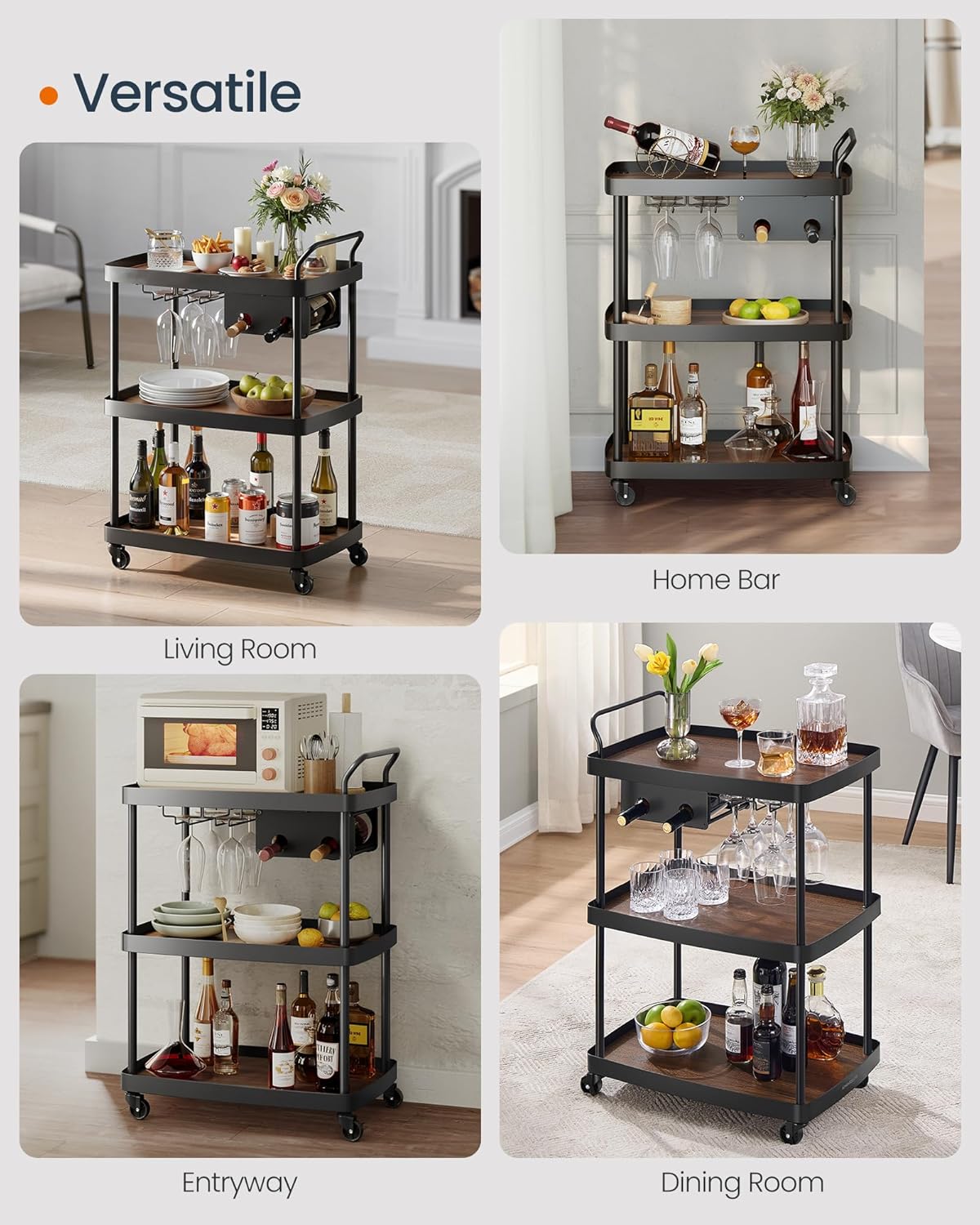 SONGMICS HOME Bar Cart, Home Bar Serving Cart with 3-Tier Shelf, Flexible Wine Bottle Rack and Glass Holder, Drink Beverage Cart, Microwave Cart, Kitchen, Natural Walnut and Ink Black ULRC291B01