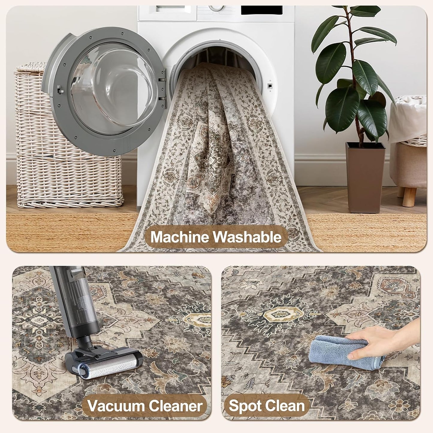 Tangsoo 2x5 Washable Runner Rug for Hallways, Non Slip Vintage, Soft Low Pile Long Runner, Print Distressed Brown/Grey Runners for Kitchen Bedroom Entryway Bathroom Living Room