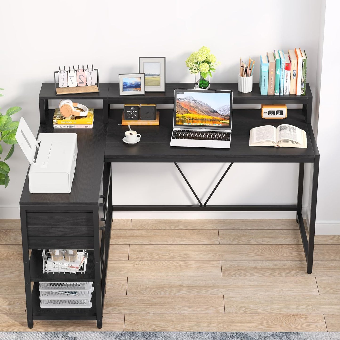 Tribesigns L Shaped Desk with Drawer and Monitor Stand, BlackCorner Desk Home Office Table with Storage Shelves, Black PC Desk for Small Space