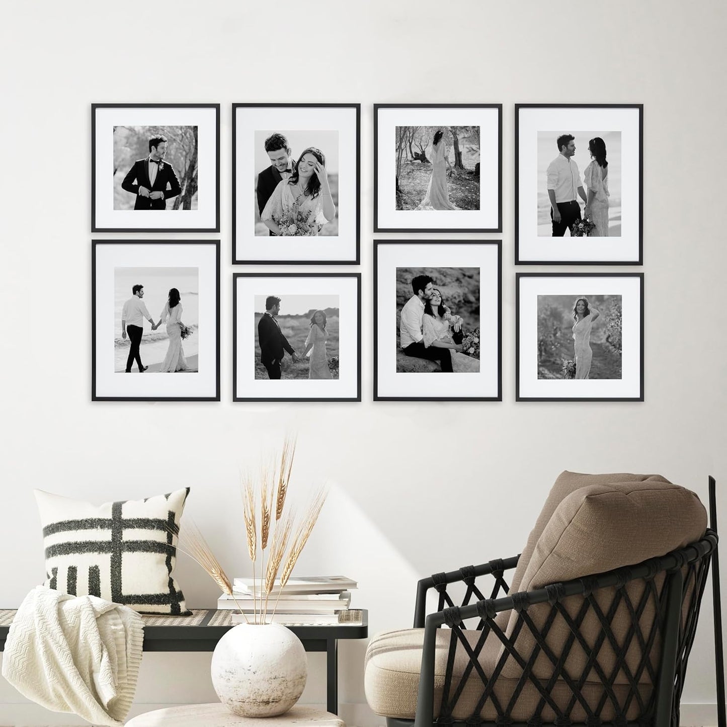 Camden Reed Arcadia 8 Piece Oversized Gallery Wall Frame, 11x14 and 11x11 inch matted frames for featuring 8x10 and 8x8 Inch Photographs or Art Prints, Black Finish