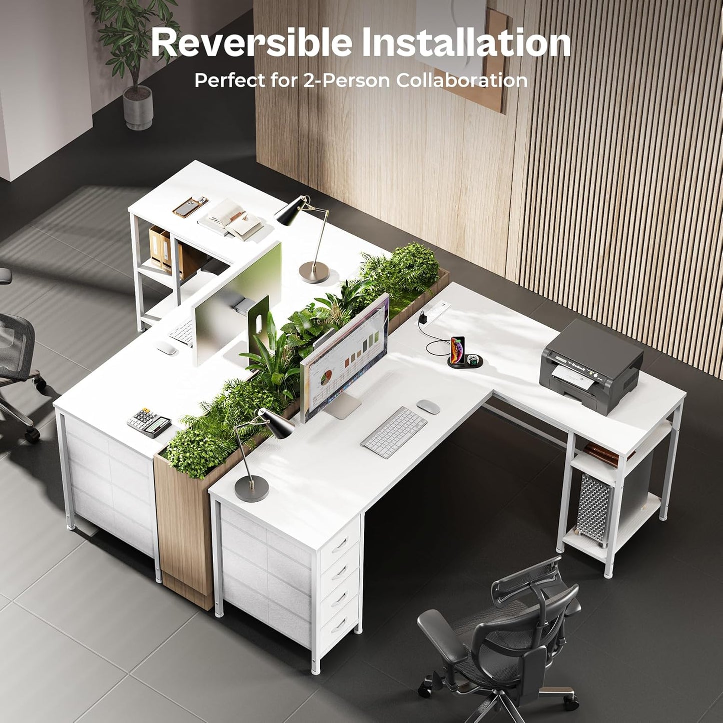 Huuger 55 Inch L Shaped Desk with Fabric Drawers, Reversible Computer Gaming Desk with Power Outlets and USB-C Port, Adjustable Side Storage Shelves, for Work Study Corner Home Office, White