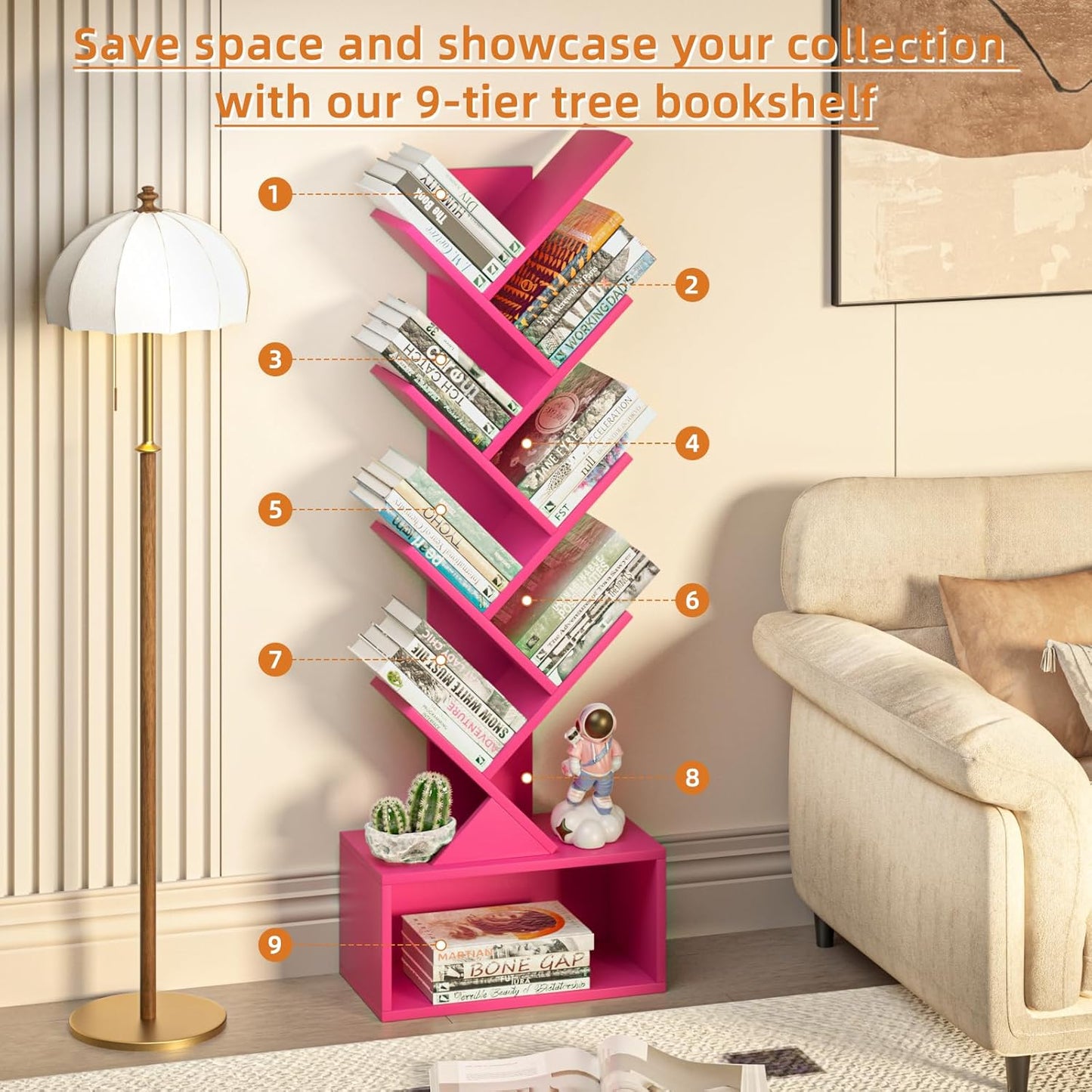 9 Tier Tree Bookshelf,Christmas Green Bookcase for Narrow Space, Storage Organizer Floor Standing Bookshelves for Books, Tall Book Case for Home Office, Living Room, Bedroom