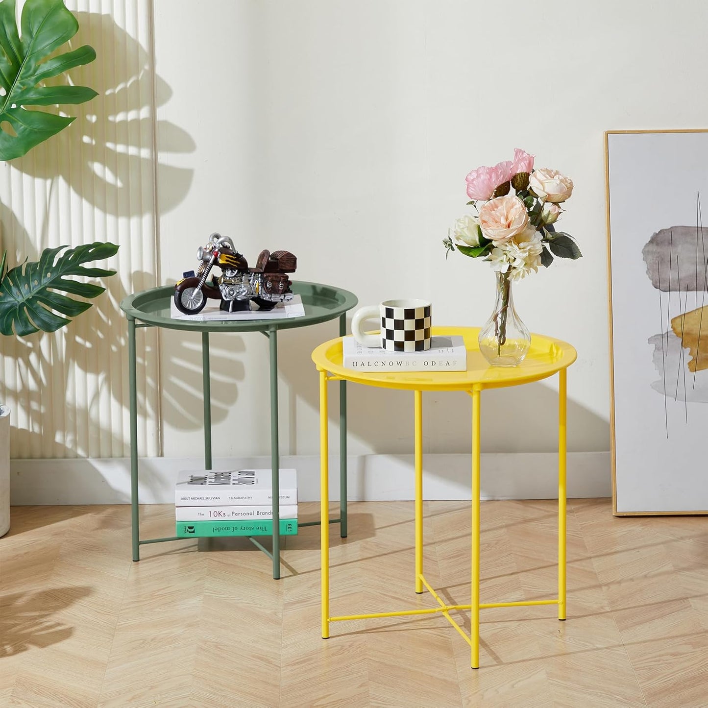 VECELO Side/End Table, Folding Round Metal Anti-Rust and Waterproof Outdoor or Indoor Tray for Living Room Bedroom Balcony and Office, 2 PCS, Yellow