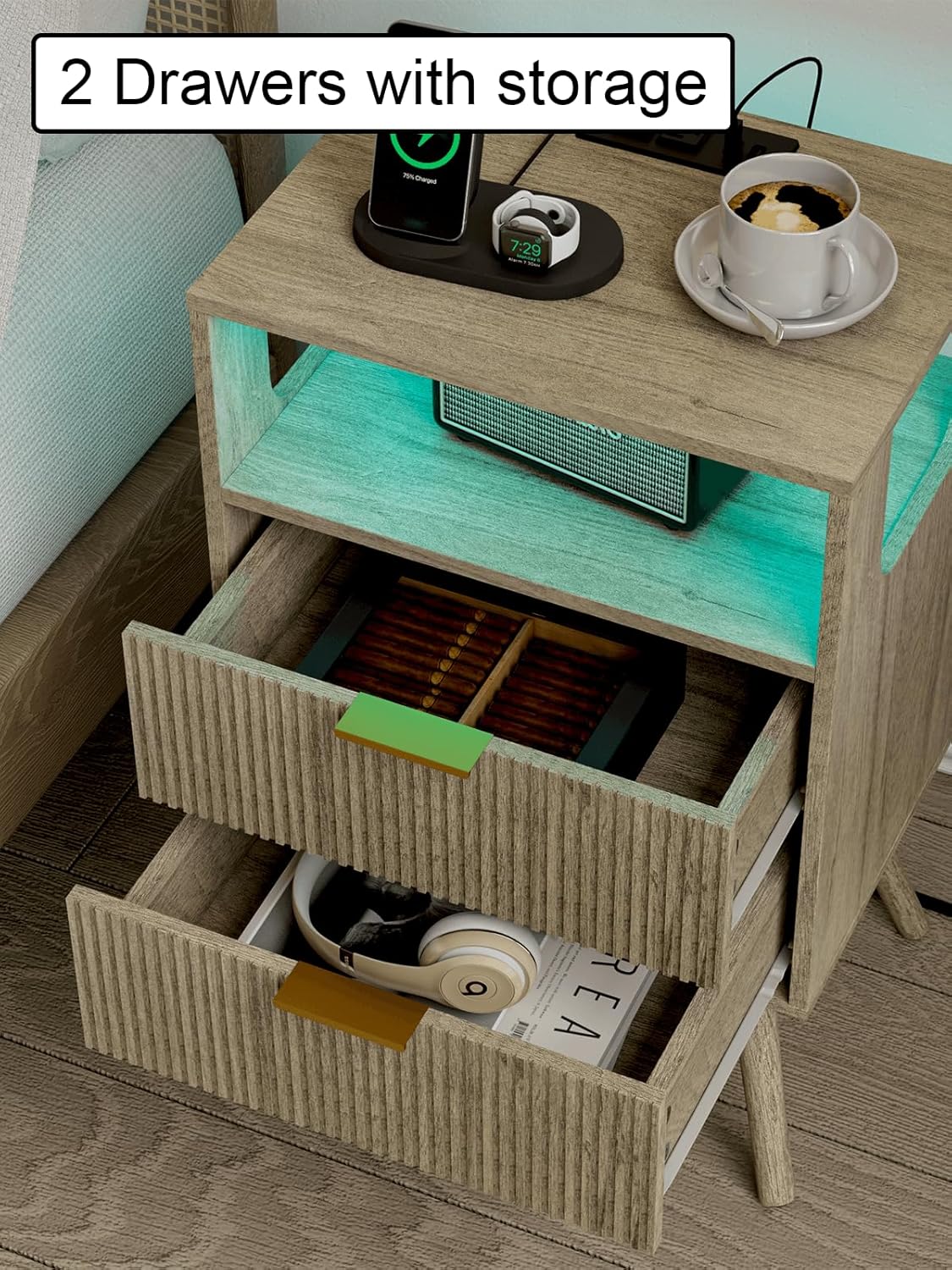 Nightstand, Modern Bedside Table with 2 Storage Drawer and Open Wood Shelf for Bedroom and Small Spaces, Night Stand with Solid Wood Legs (Grey Oak-Outlet)