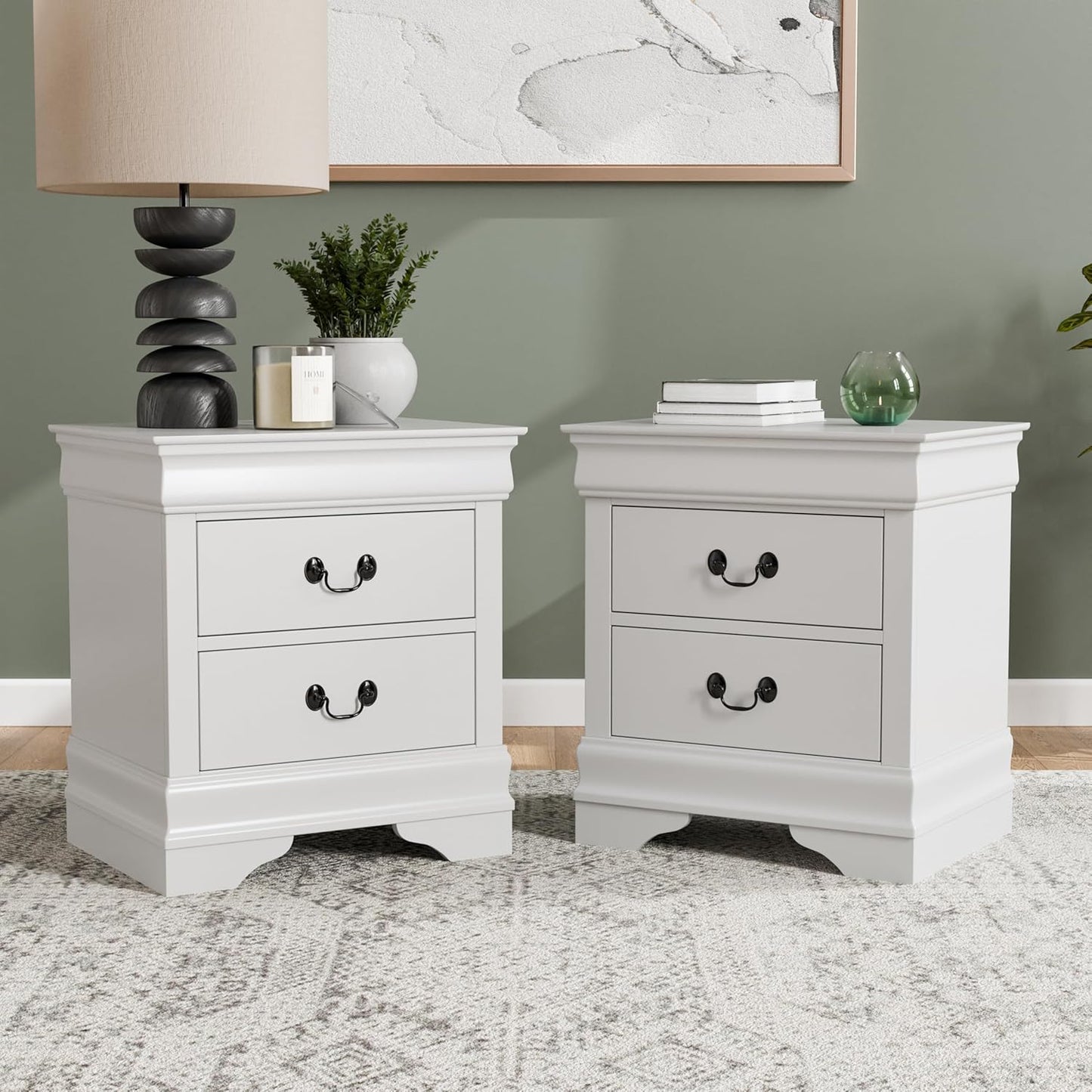 Furniture of America Arabella Traditional Solid Wood Nightstands Set of 2, Bedside Table with Drawers and Antique Nickle Handles, No Assembly Wooden Night Stands for Bedrooms, Guest Room, Dorm, White