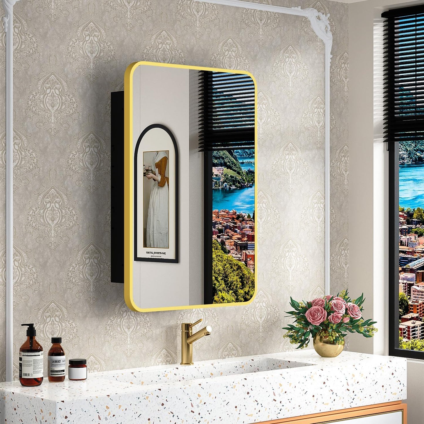 16x24 Inch Mirror Medicine Cabinet for Bathroom Gold Metal Frame Bathroom Medicine Cabinet with Mirror Recessed or Wall Mounted