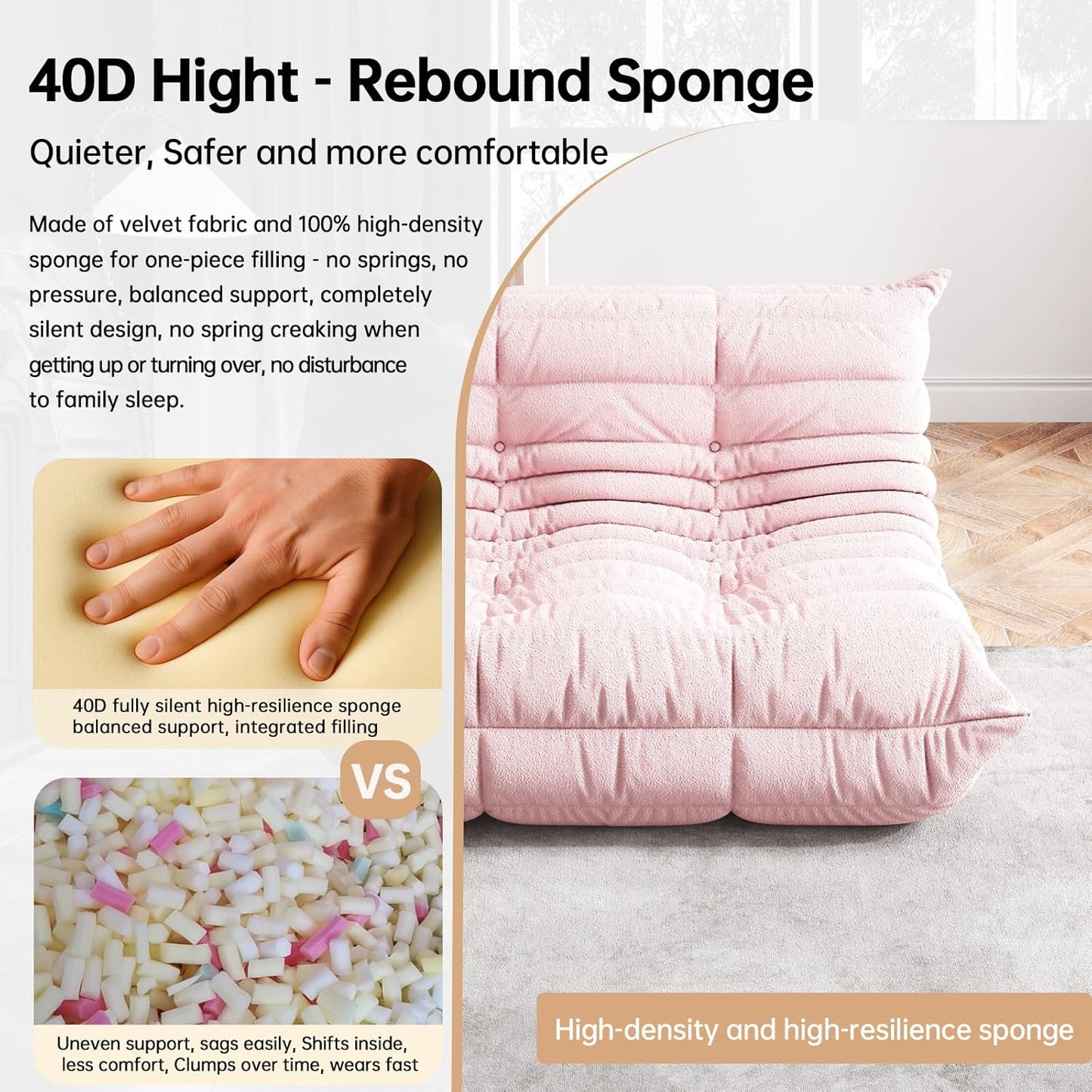 Bean Bag Chairs for Adults, Memory Foam Couch Loveseat Sofa Chair, Soft Teddy Material Cozy Comfy Reading Nook Chairs, Floor Chair for Living Room Bedroom Office(Pink)