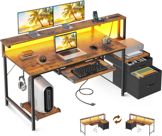AODK Computer Desk with Drawers and Keyboard Tray, 55" Office Desk with Power Outlet and LED Lights, Reversible Study Work Desk with Printer Shelf and PC Stand for Home Office, Vintage