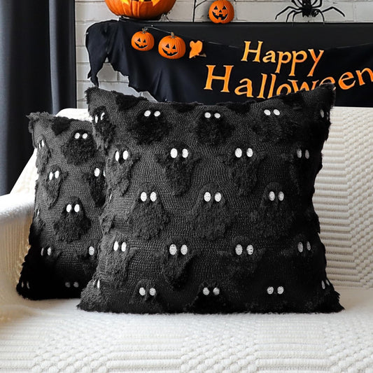 4TH Emotion Halloween Ghost Decorative Pillow Covers 16x16 Set of 2, Black Soft Plush Faux Fur Farmhouse Throw Cushion Cases for Fall Autumn Holiday Home Decorations
