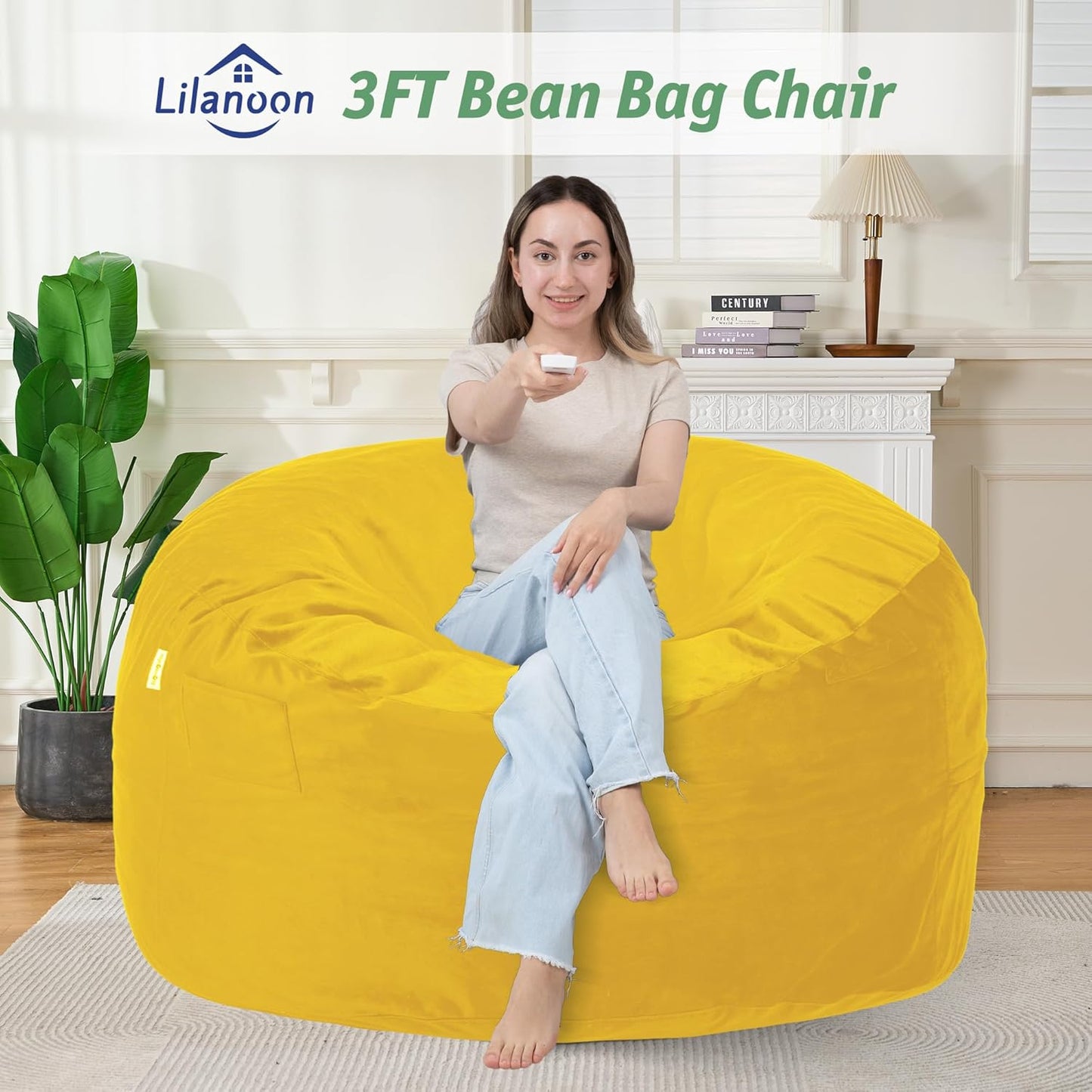 3FT Bean Bag Chair with Ultra Soft Velvet Cover Bean Bag Sofa with Memory Foam Bean Bag Chairs with Large Size Lazy Sofa for Dorm Office Living Room Bedroom Yellow 3'