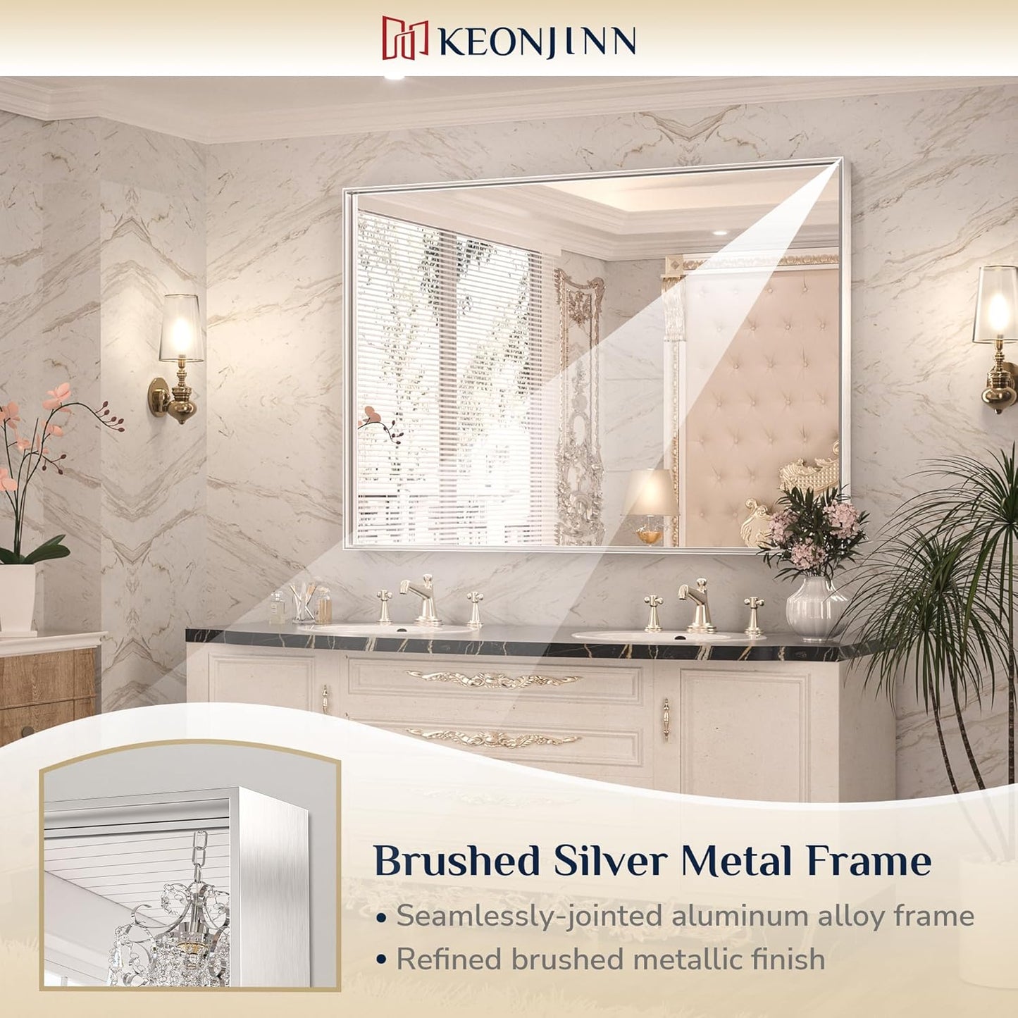 Keonjinn 48 x 36 Inch Silver Bathroom Mirror for Over Sink Large Rectangle Wall Mirror Brushed Metal Framed Square Corner Vanity Mirror Wall Mounted Rectangular Farmhouse Mirror(Horizontal/Vertical)