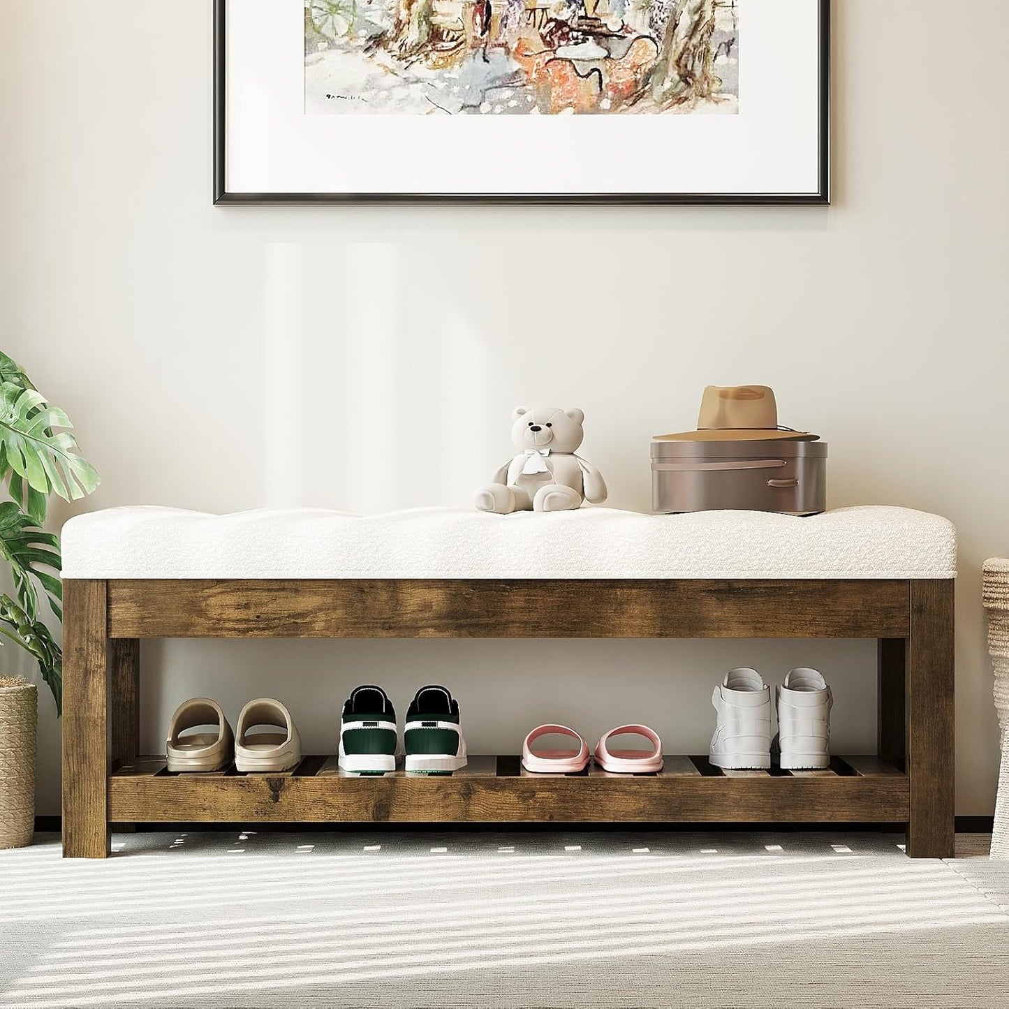 Large Upholstered Ottoman Bench Entryway Storage Benches Tufted Linen Ottoman Bench with Solid Wood Shelf Padded End of Bed Bench for Bedroom Living Room Hallway Decor