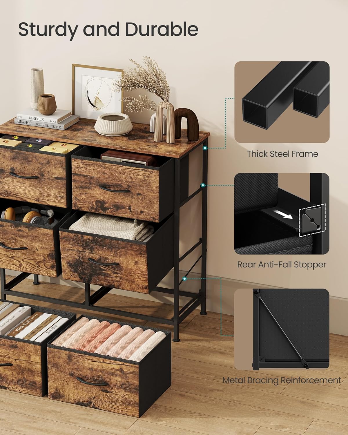 SONGMICS Dresser for Bedroom, Chest of Drawers, TV Stand, Steel, MDF, 6 Non-Woven Fabric Drawers, Storage Organizer Unit, Closet, Entryway, Rustic Brown and Ink Black ULGS123B02S